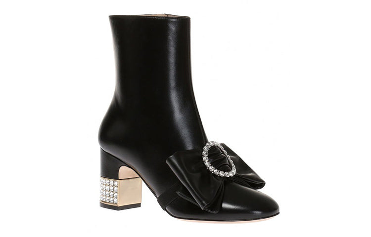 (WMNS) Gucci Removable Bow Leather Ankle Boots 'Black' 481171-BKO00-1000 - 3