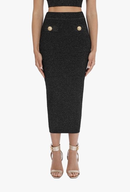 Long black knit and lurex high-waisted skirt with gold-tone buttons - 5