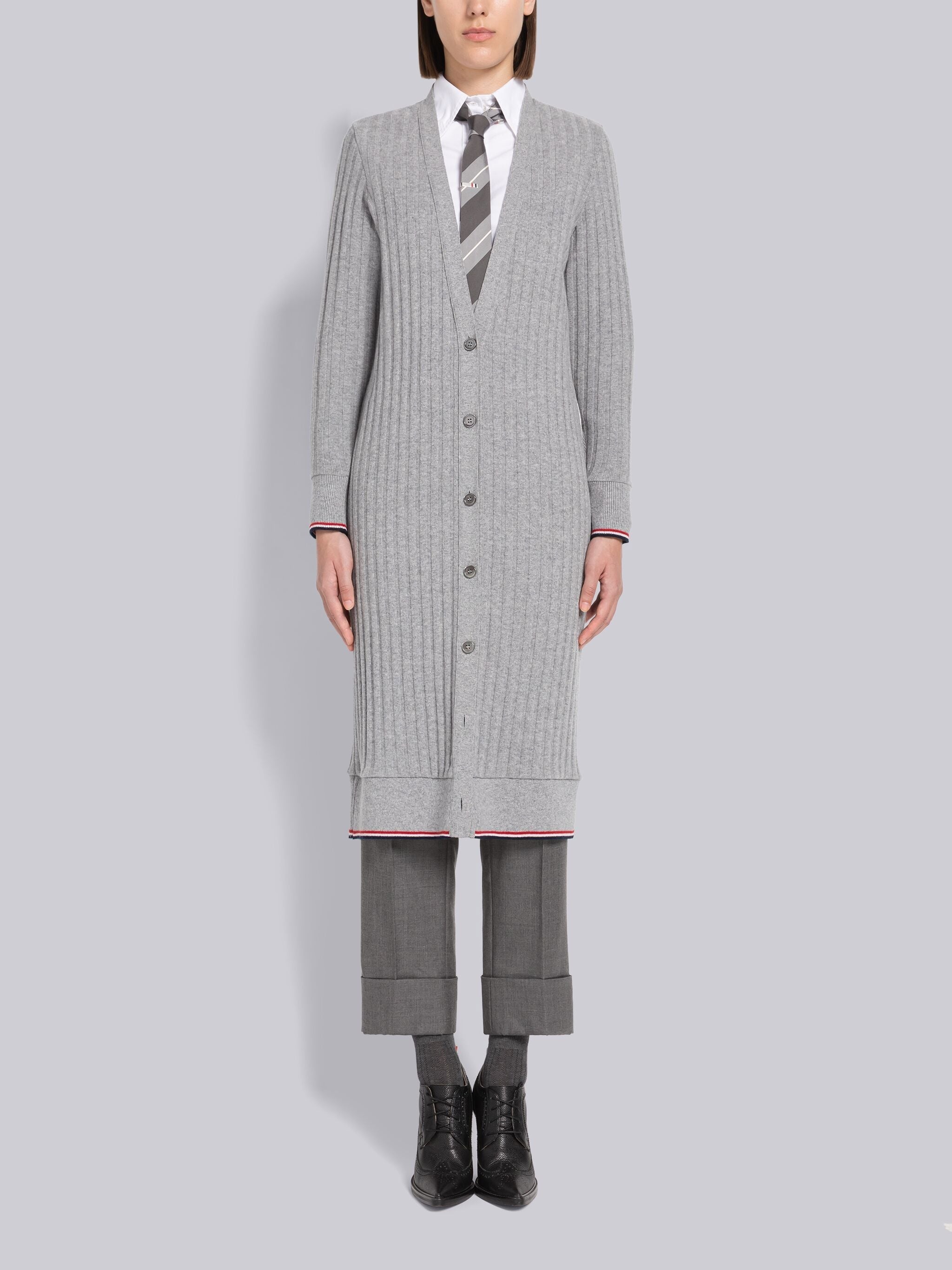 Wide Rib Cashmere Tipping V-neck Cardigan Dress - 1