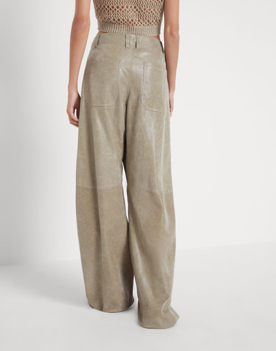 Brunello Cucinelli Wet-effect leather curved loose trousers outlook