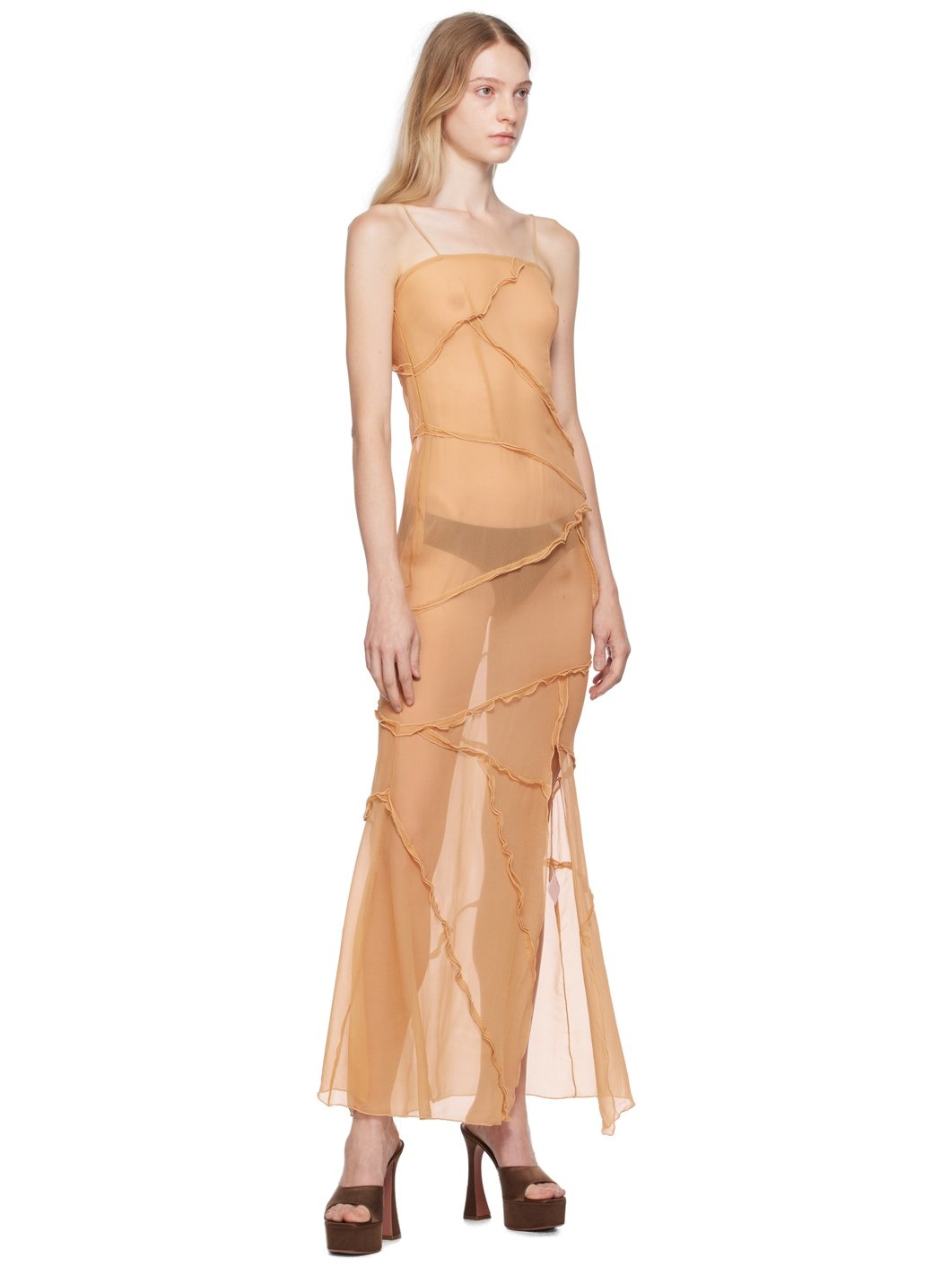 Beige Semi-Sheer Midi Dress - 4