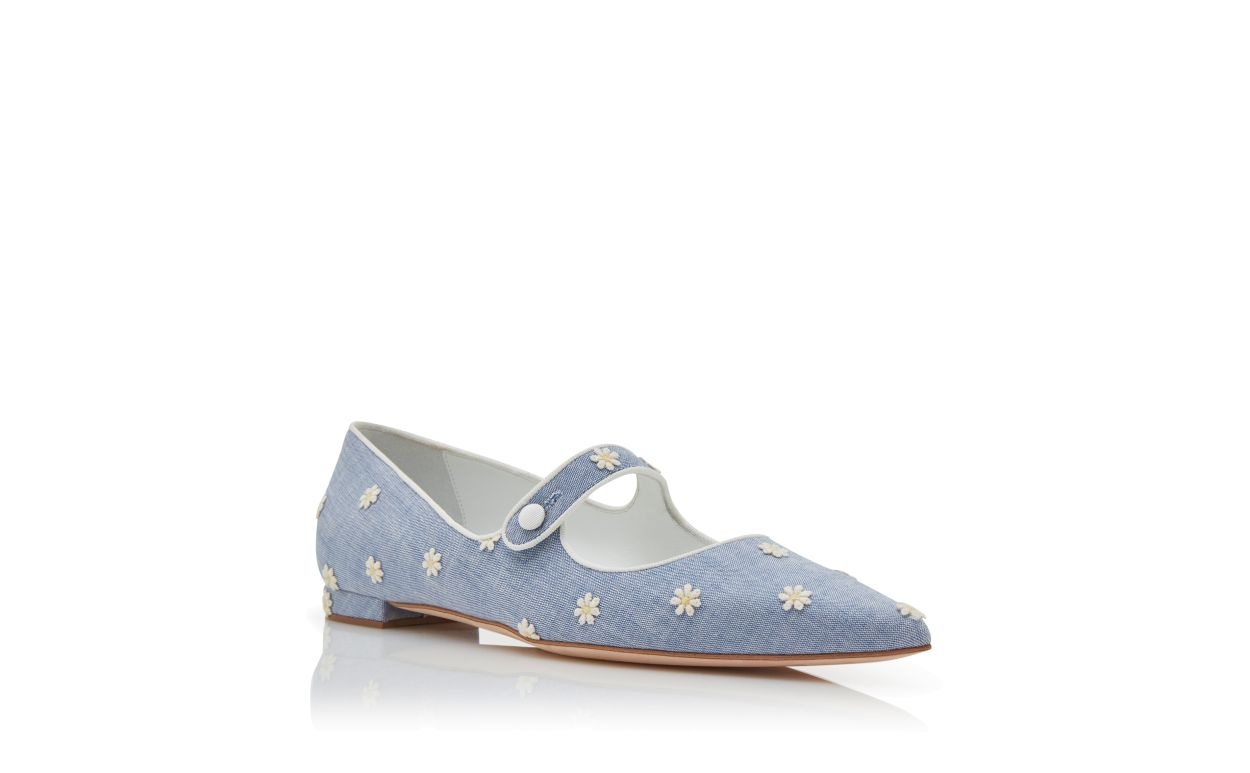 Blue and White Chambray Daisy Flat Pumps - 3