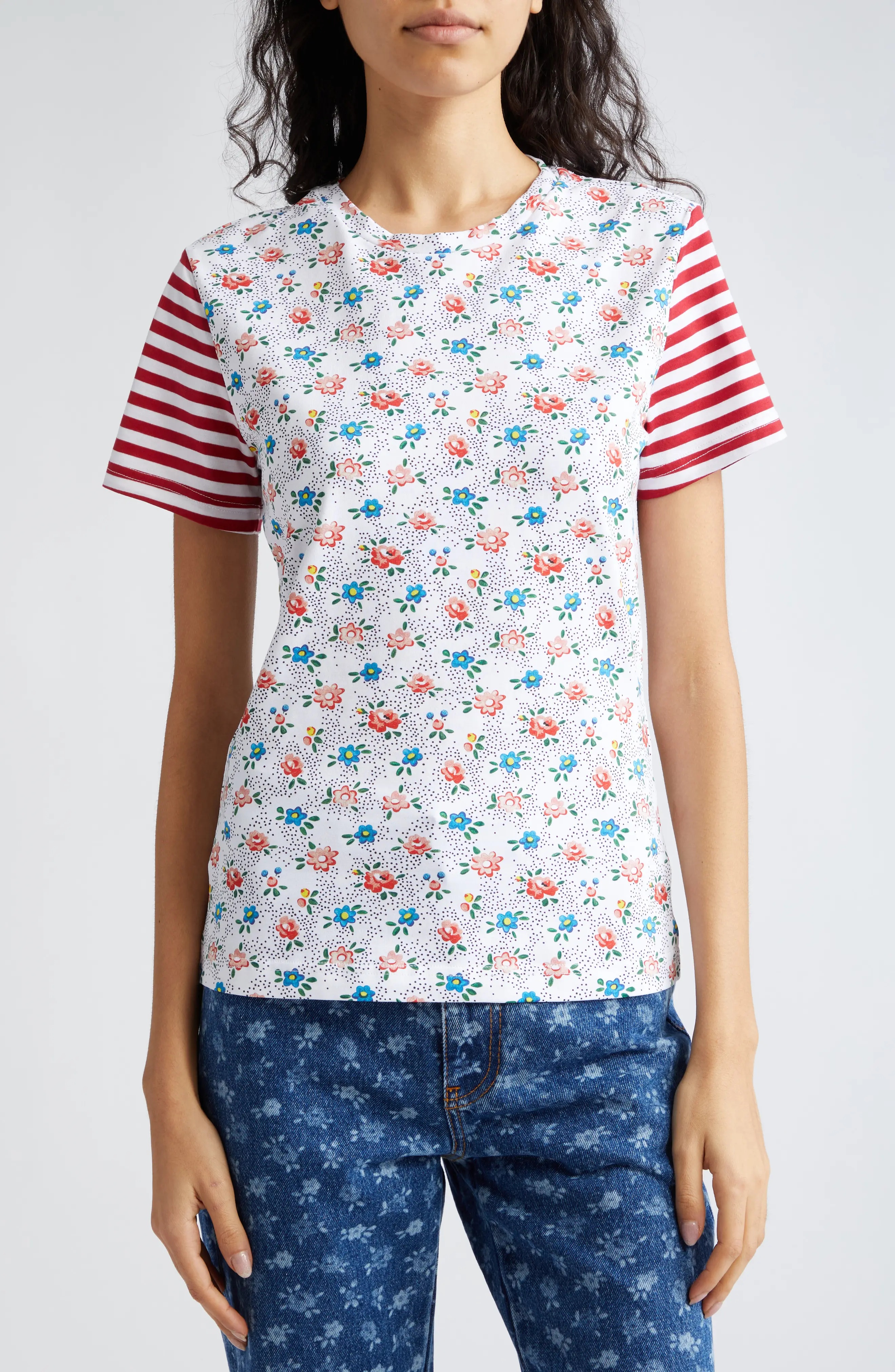 Floral Stripe Fitted Cotton Jersey T-Shirt - 1