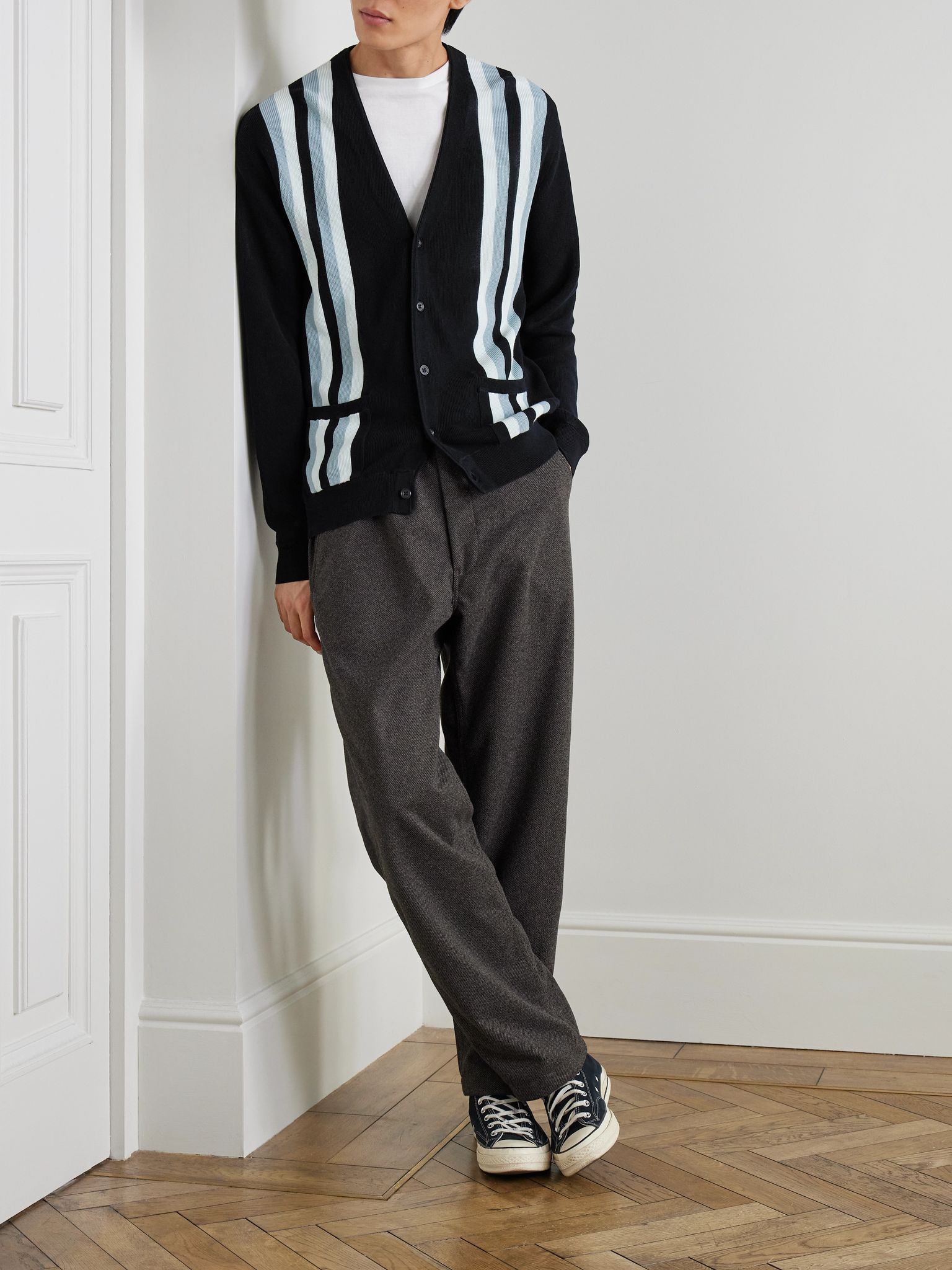 Striped Cotton Cardigan Black - 2