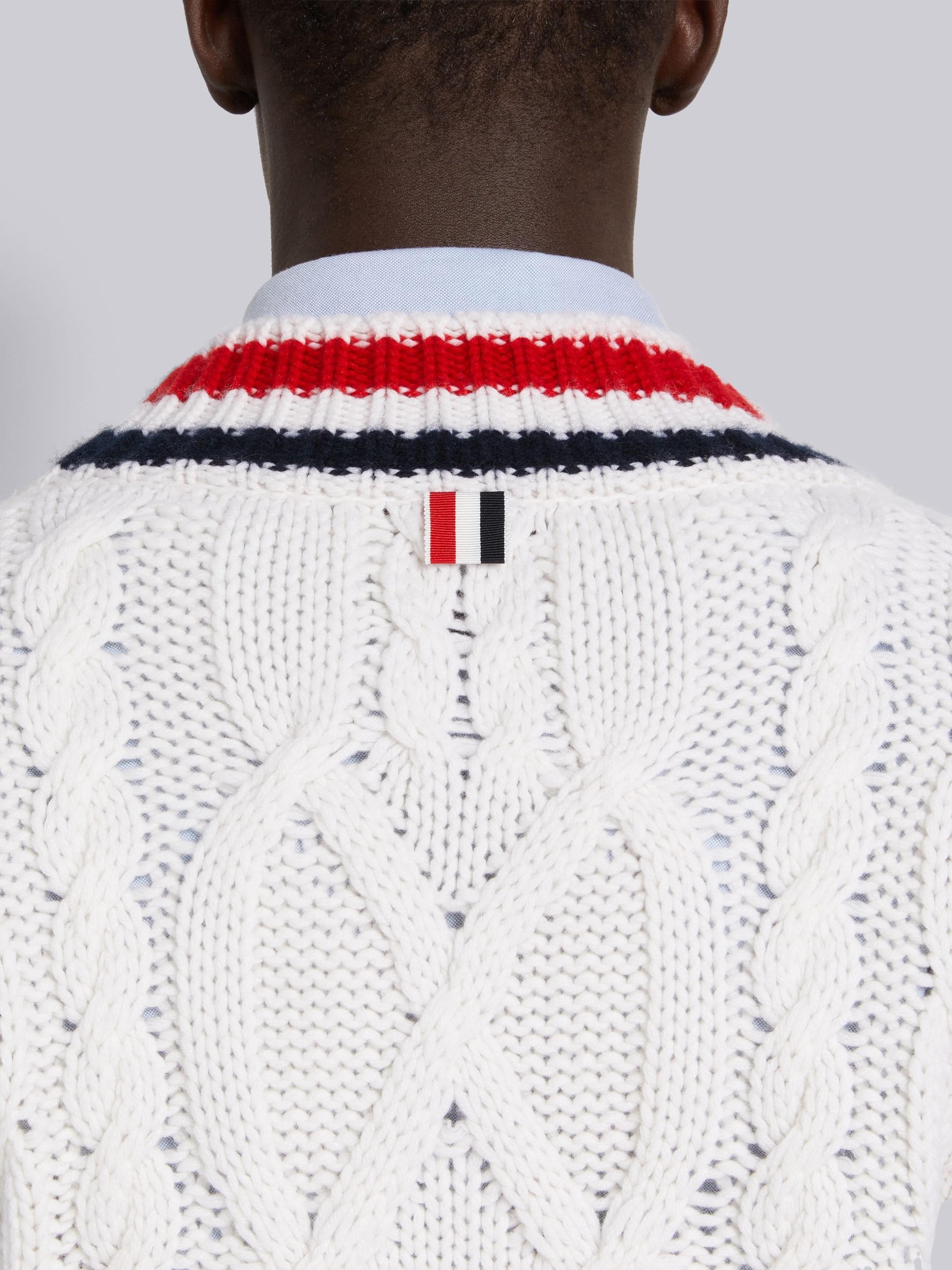 White Cashmere Stripe Trim Cable Knit V-Neck Vest - 6