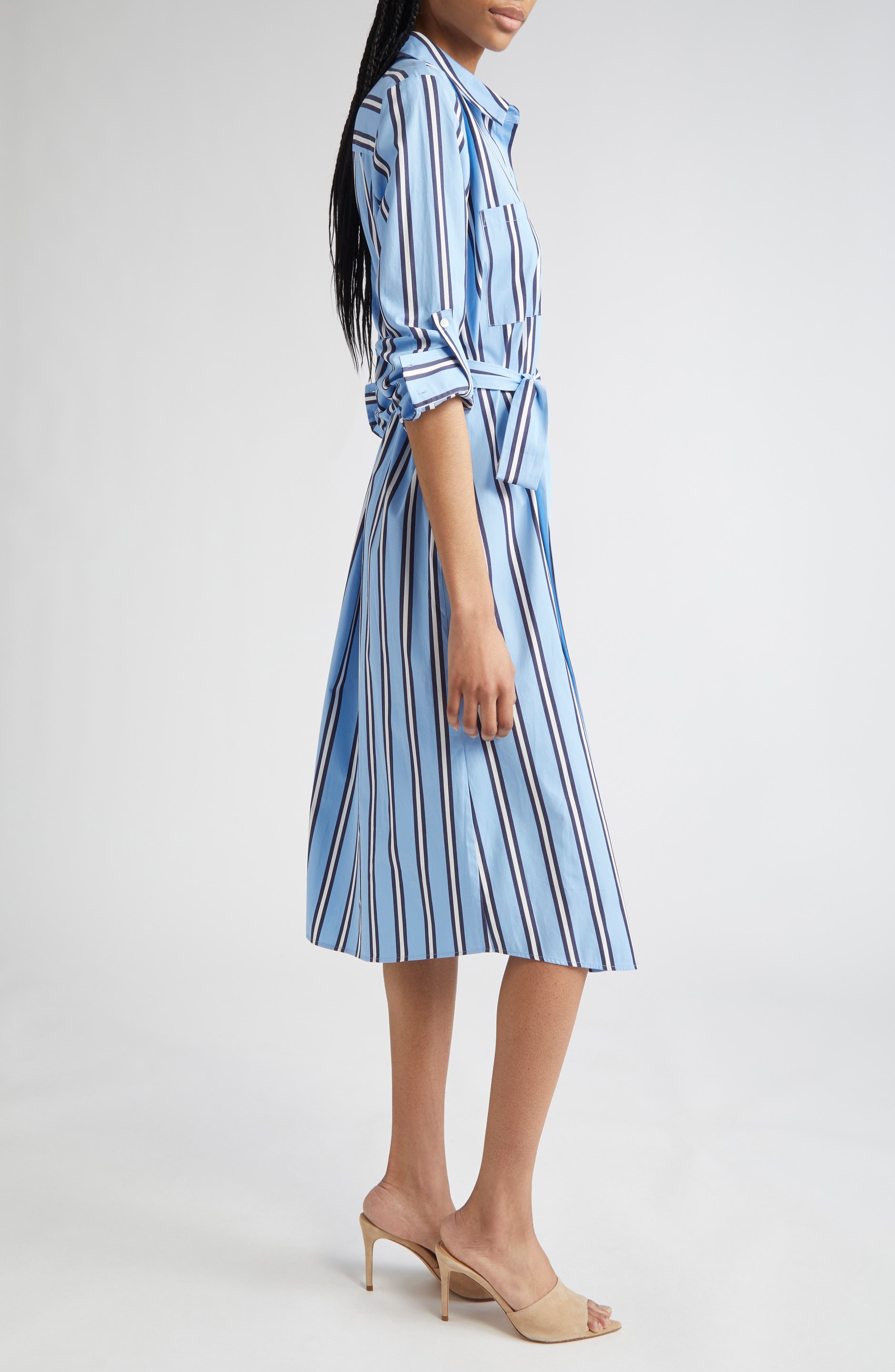 L'AGENCE Jubilee Stripe Belted Long Sleeve Cotton Shirtdress in Sky Blue/Midnight Stripe at Nordstro - 3