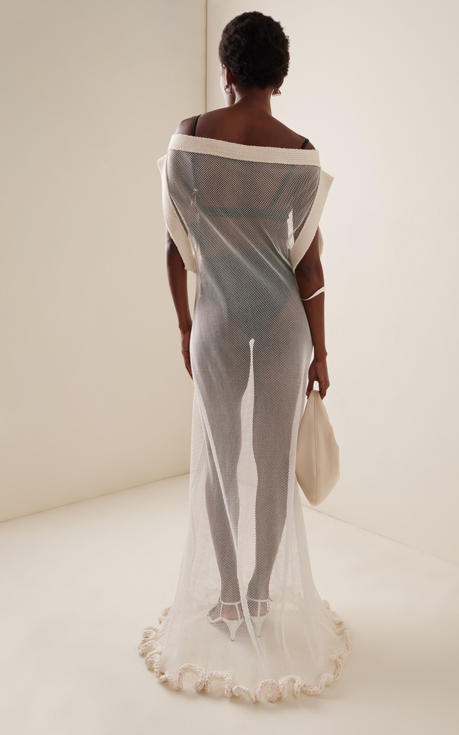 Wave Mesh-Detailed Cotton-Blend Dress ivory - 4