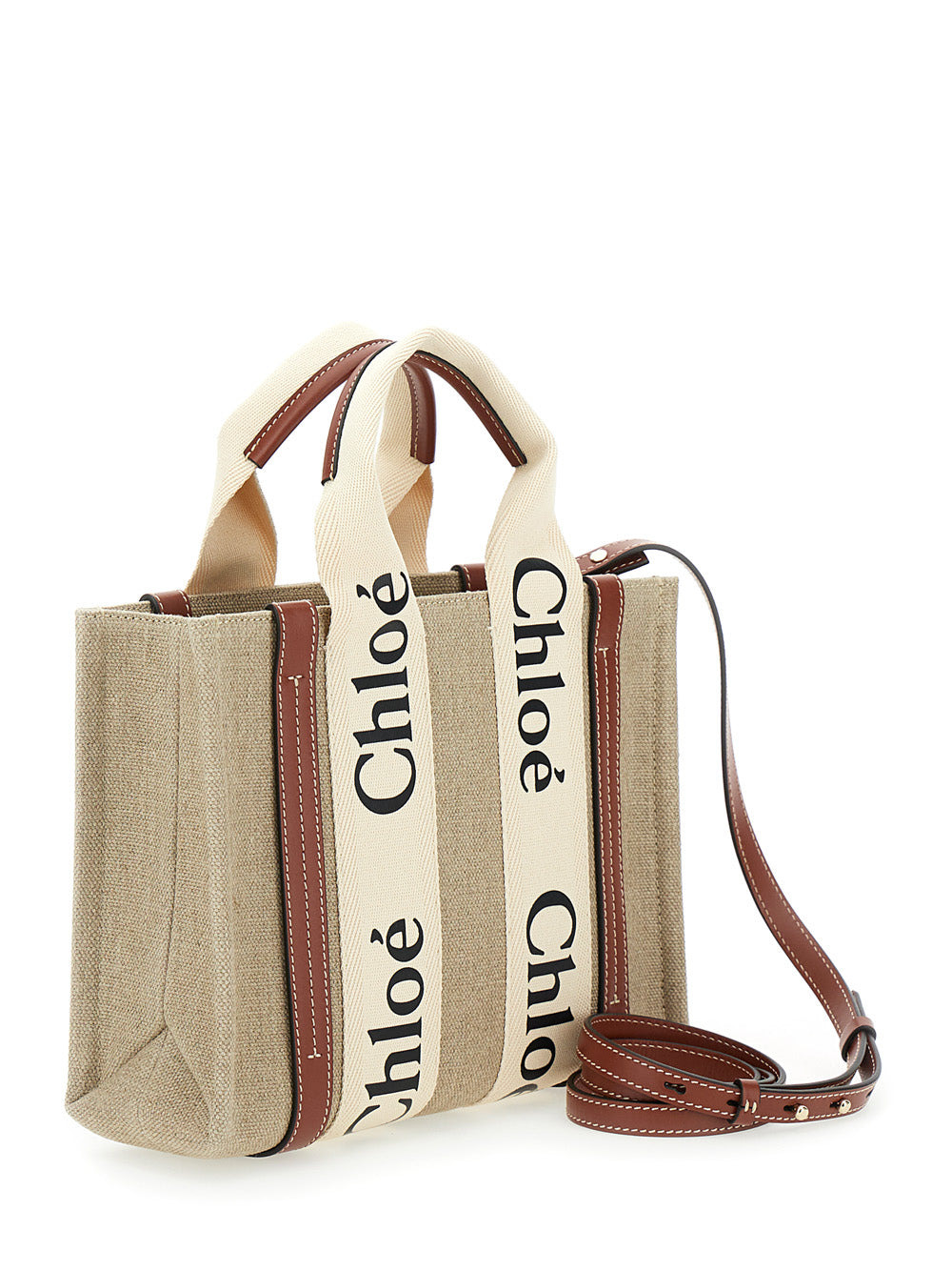 Chloé Women 'Woody' Brown Tote Bag With Branded Ribbons In Canvas And Leather Woman - 3