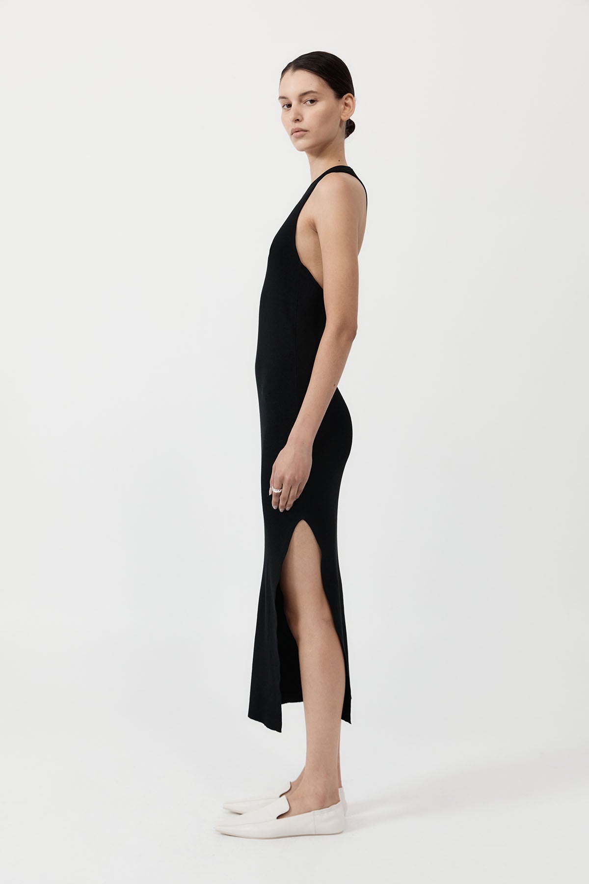 Plunge Neck Knit Dress - Black - 3