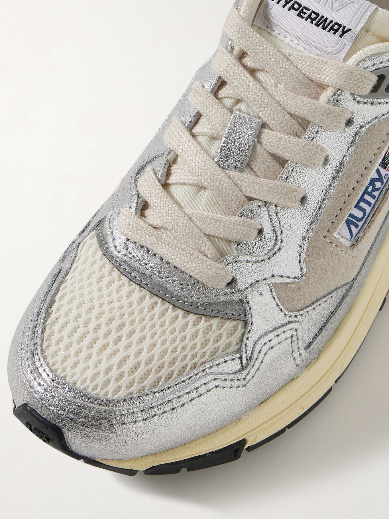 Hyperway Low mesh and suede-trimmed metallic leather sneakers Silver - 4