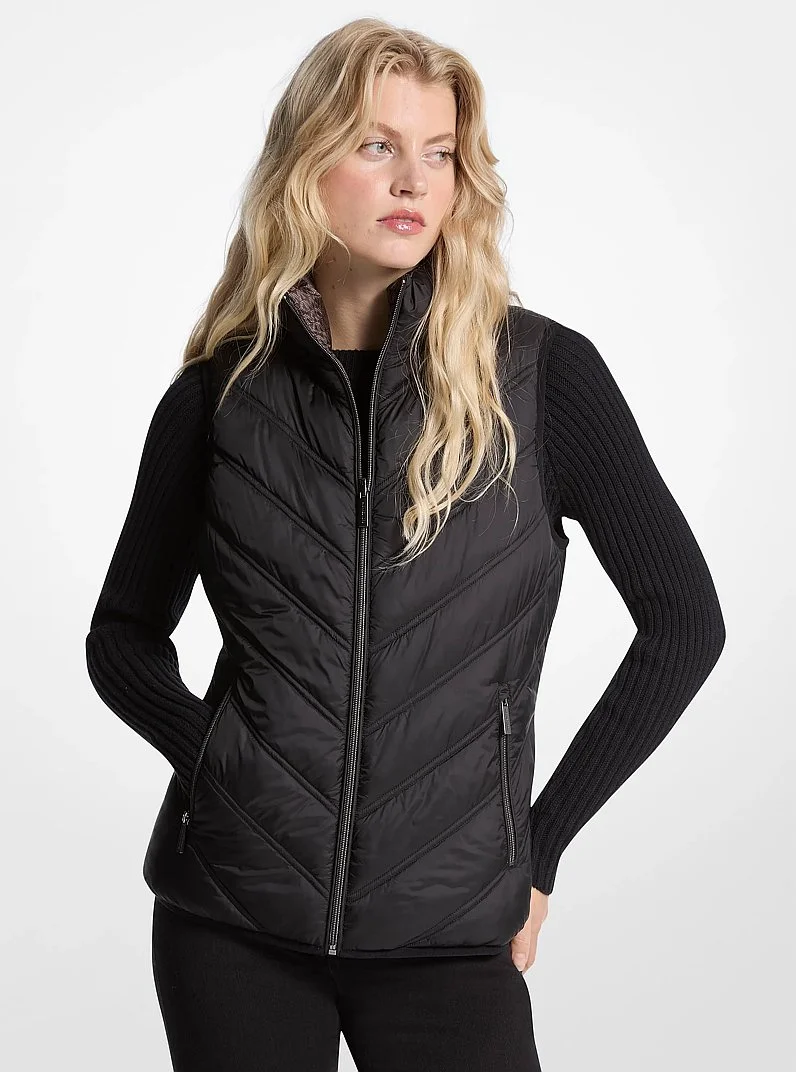 Chevron Quilted Logo Print and Nylon Packable Vest - 1