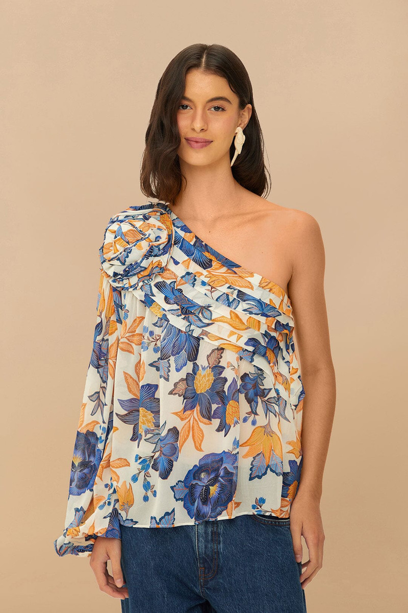 Off-White Summer Flowers 3D Rose One-Shoulder Blouse 1