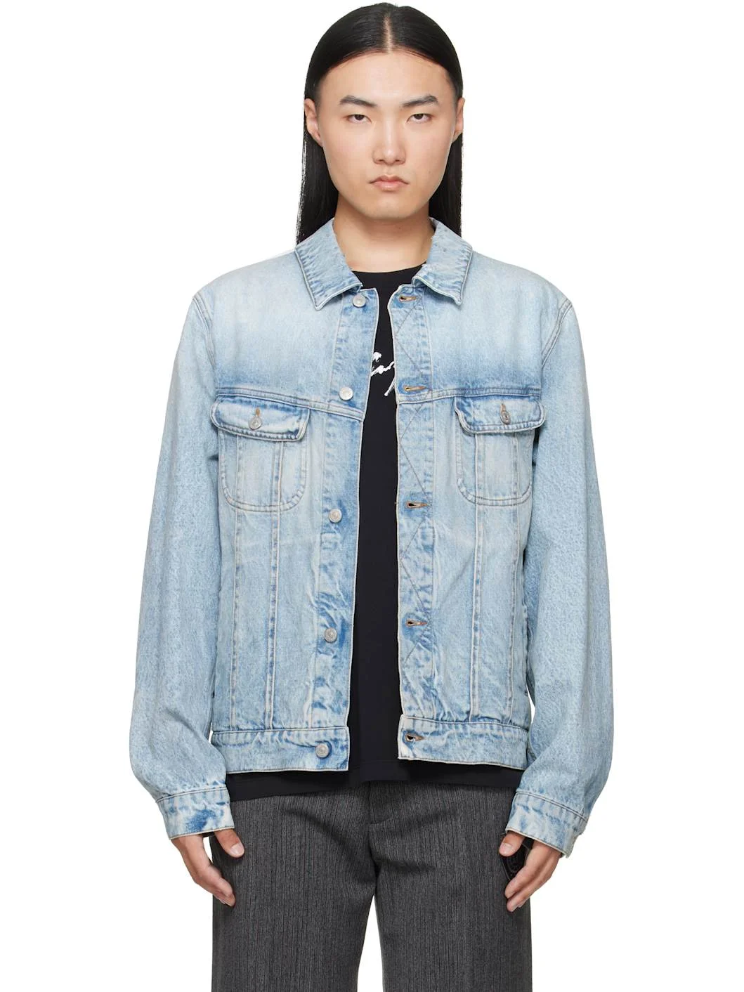 Blue Poplin Trim Denim Jacket - 1
