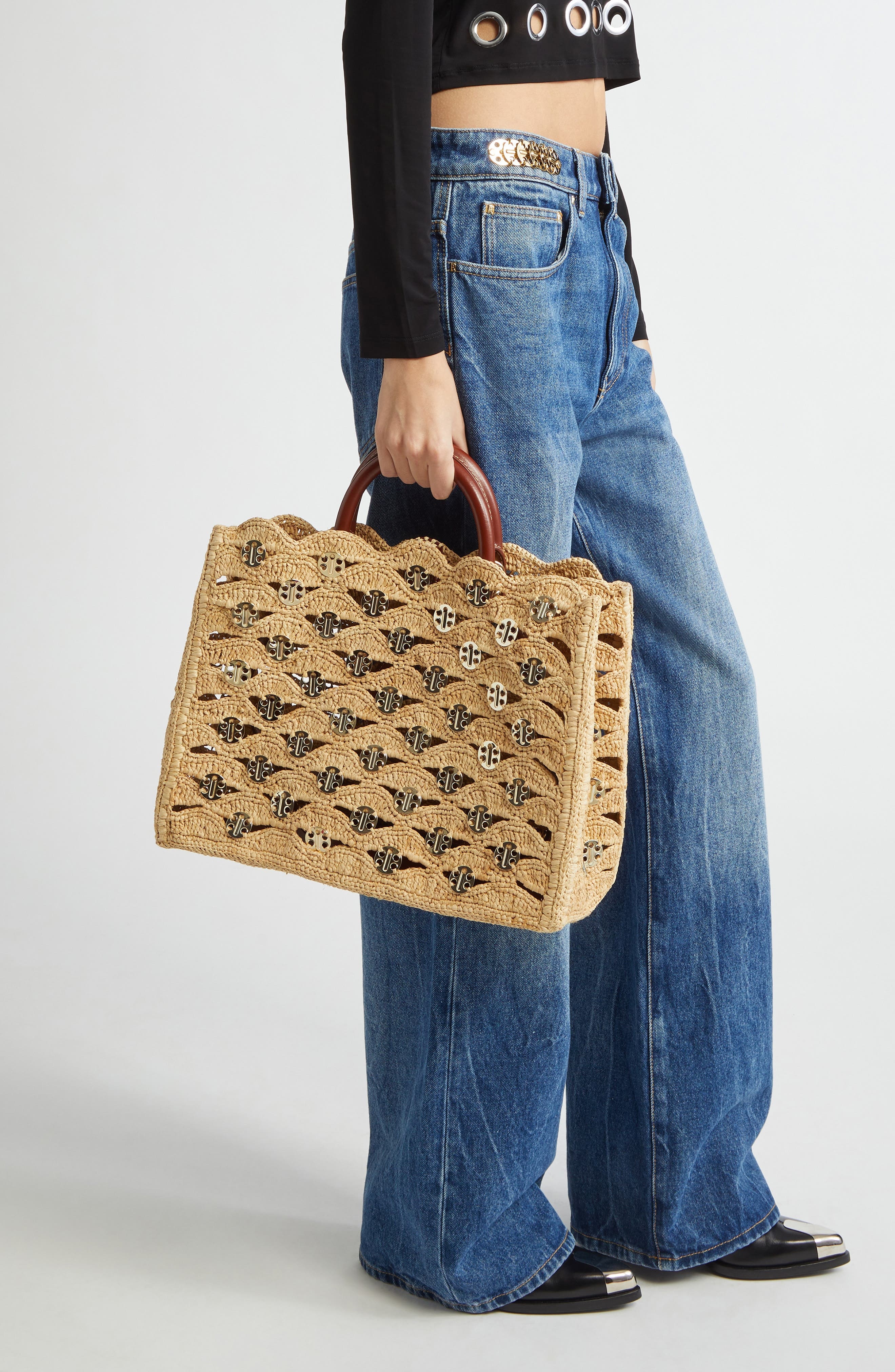 Rabanne Raffia Disc Tote in Natural /Light Gold at Nordstrom - 3