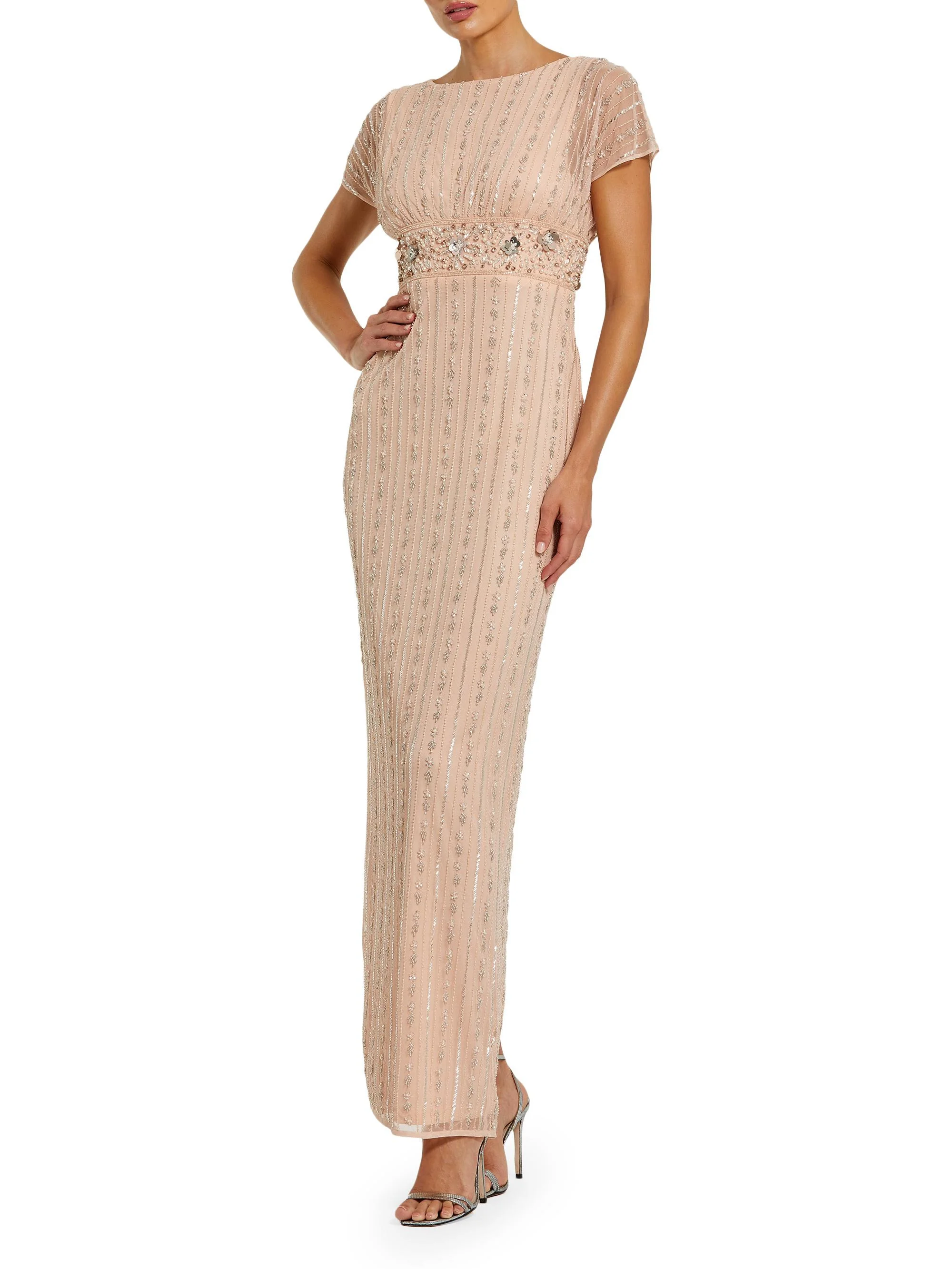 Women's Embellished Mesh Blouson Column Gown - Rose - 1