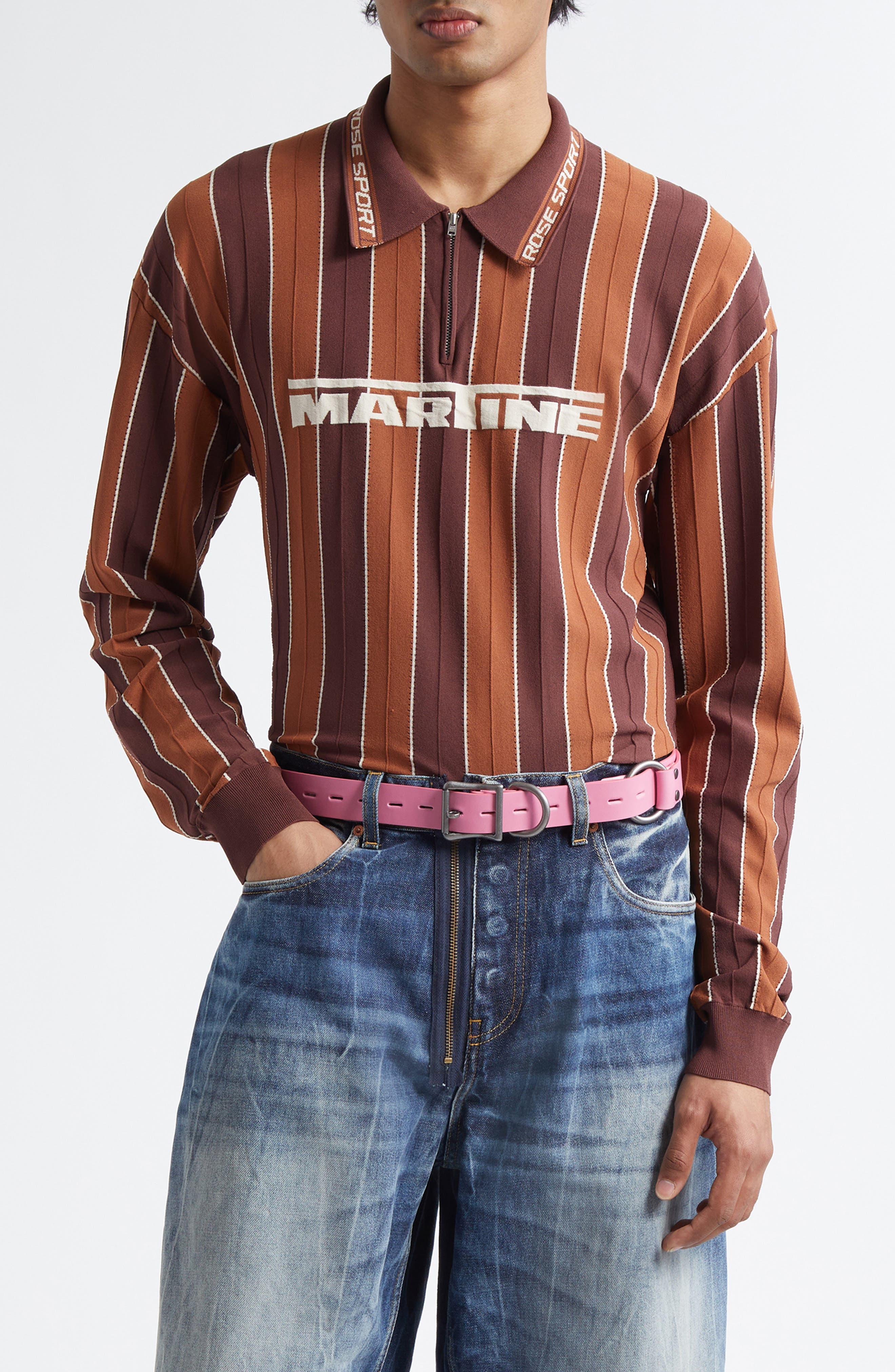Martine Rose Logo Jacquard Stripe Long Sleeve Zip Polo in Brown at Nordstrom - 1