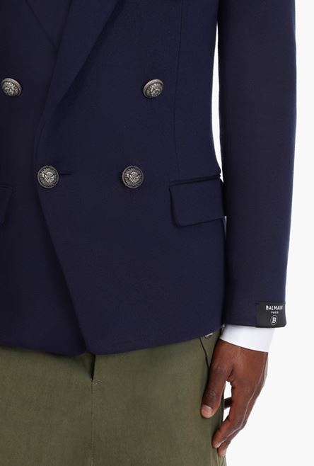 Navy blue double-breasted cotton blazer - 8