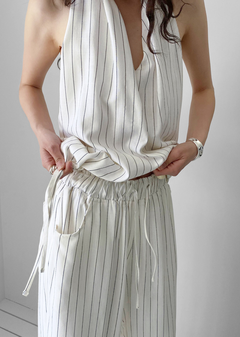 Branton Drawstring Halter Top - White/Black Pinstripe 4