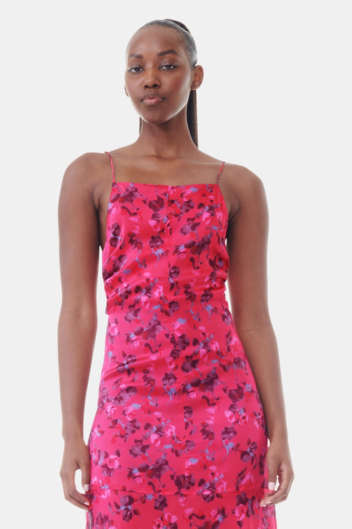 PINK FLORAL PRINTED SATIN MIDI DRESS - 3