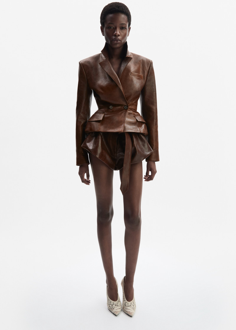 MAGDA BUTRYM Tailored leather peplum blazer in light brown outlook