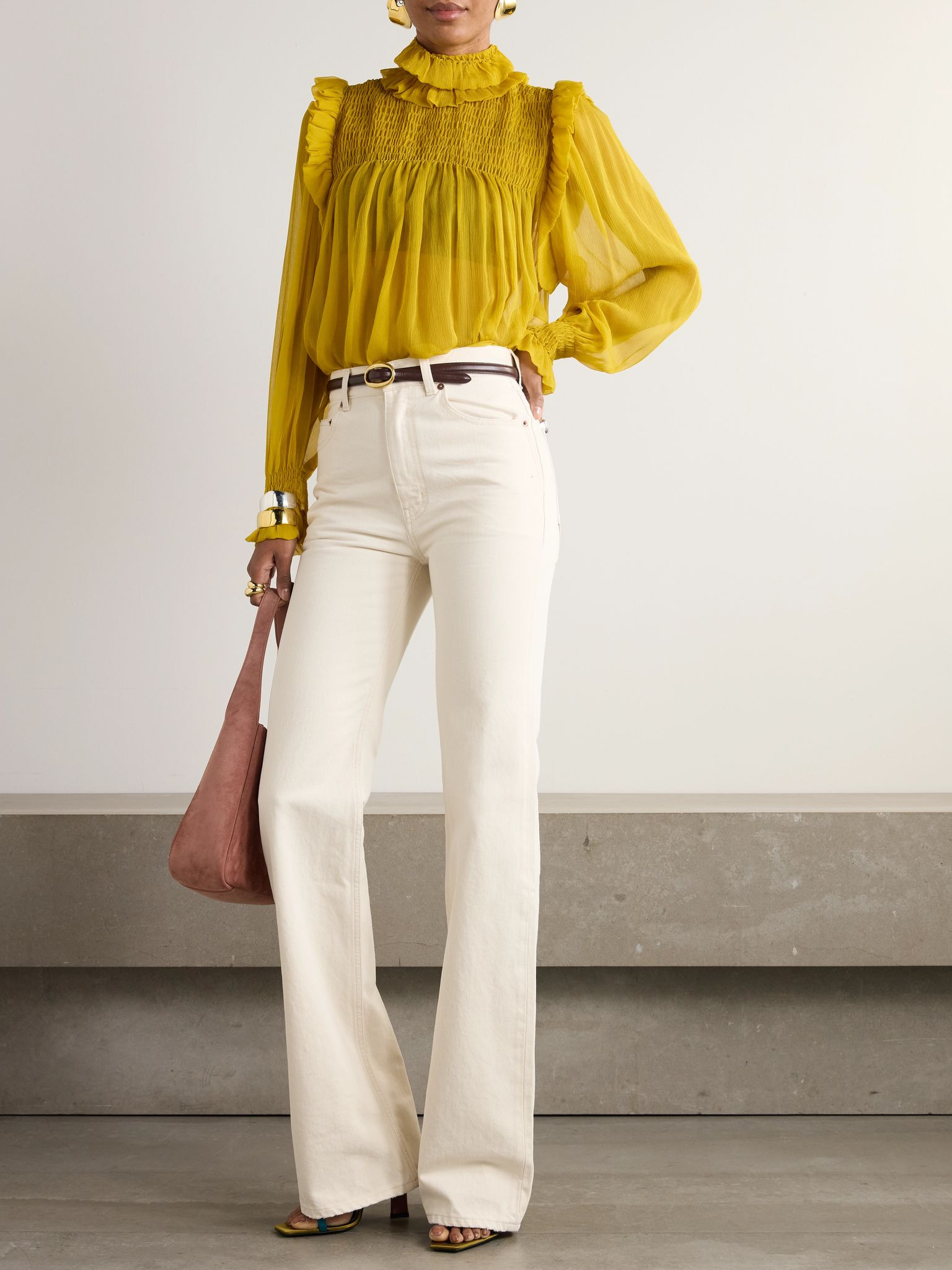 Smocked ruffled silk-crepon blouse Yellow - 2