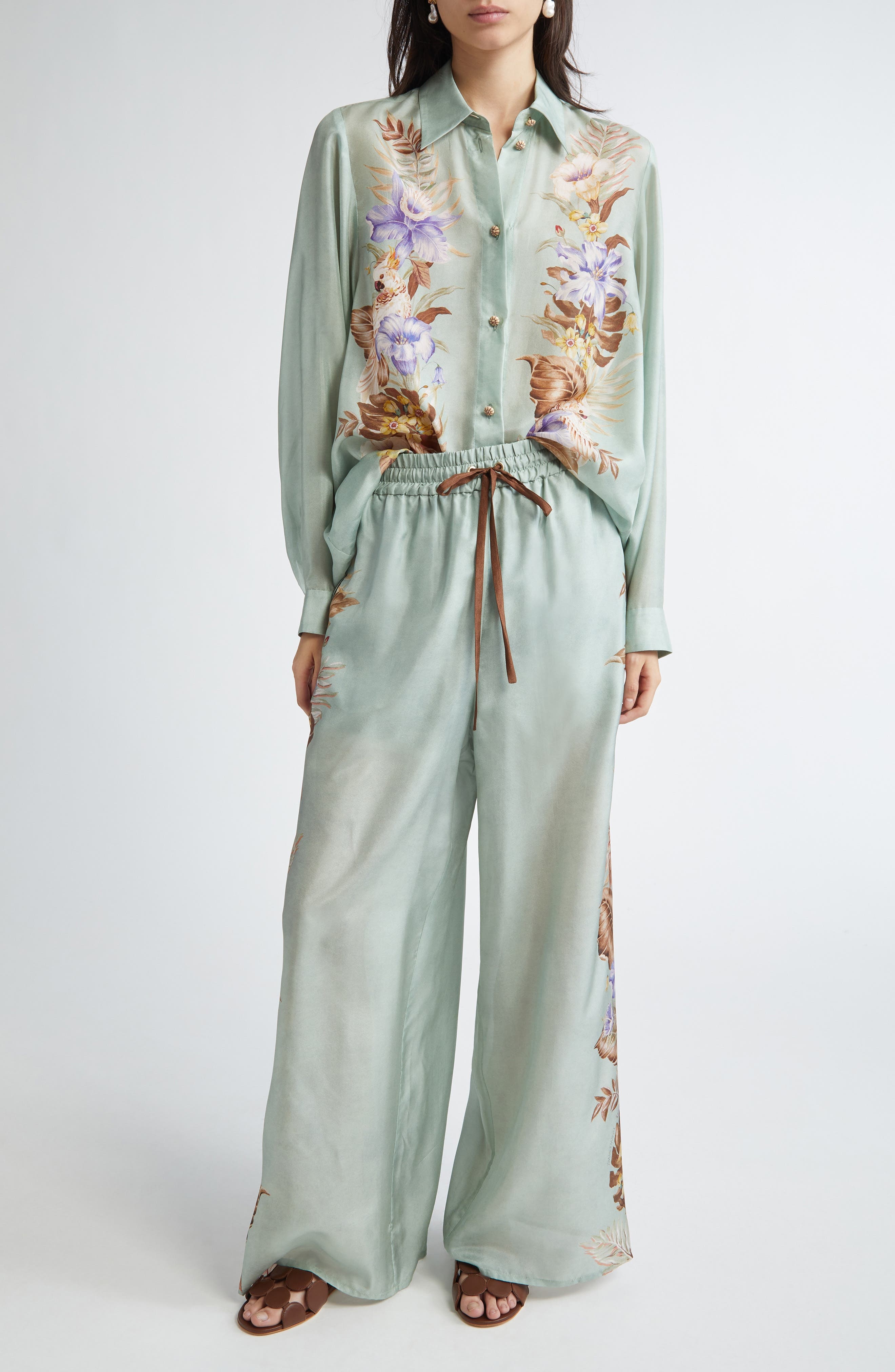 Zimmermann Coco Placed Print Silk Button-Up Shirt in Sage Multi Floral at Nordstrom - 2
