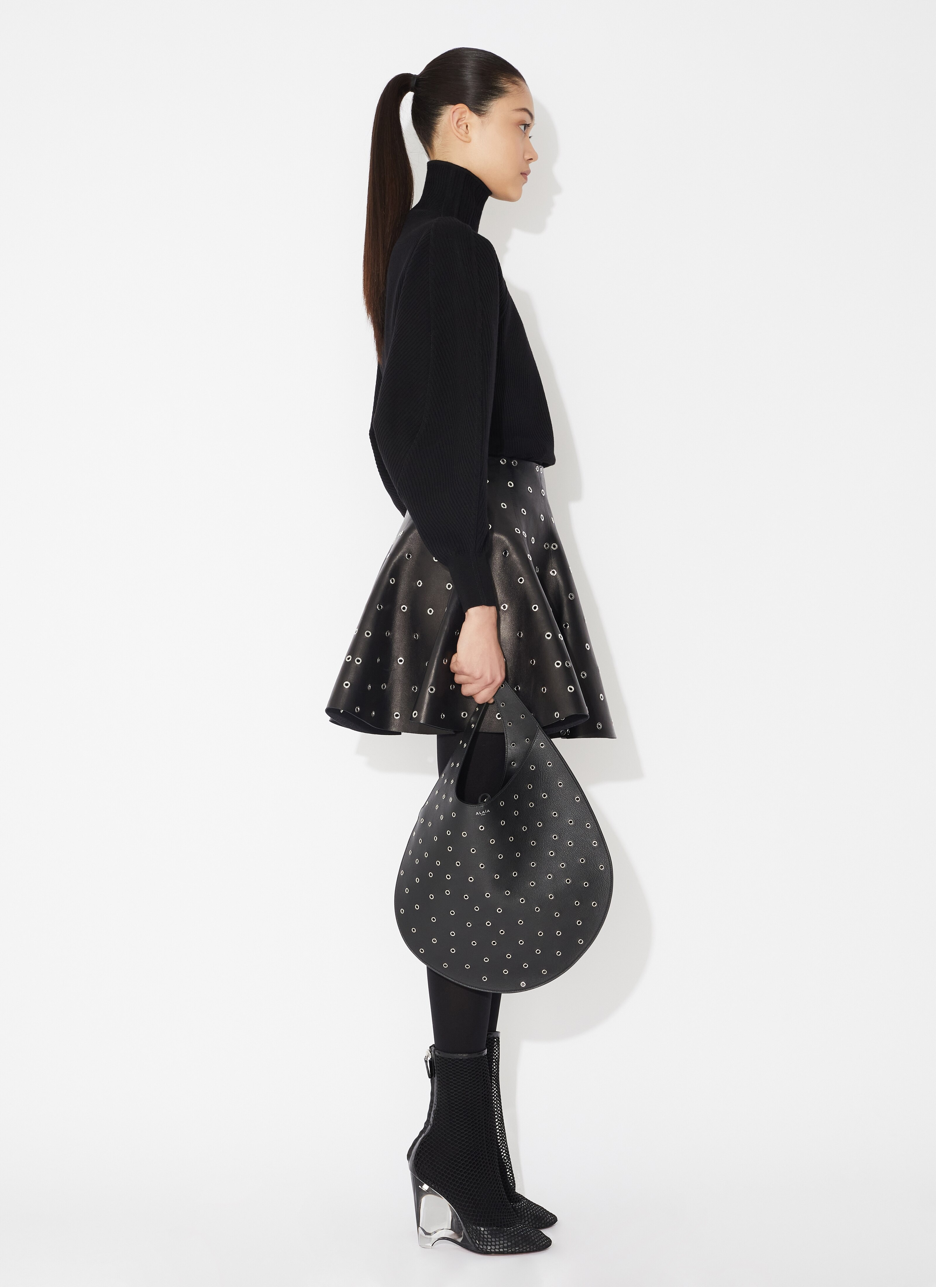 EYELET LEATHER SKATER SKIRT - 4