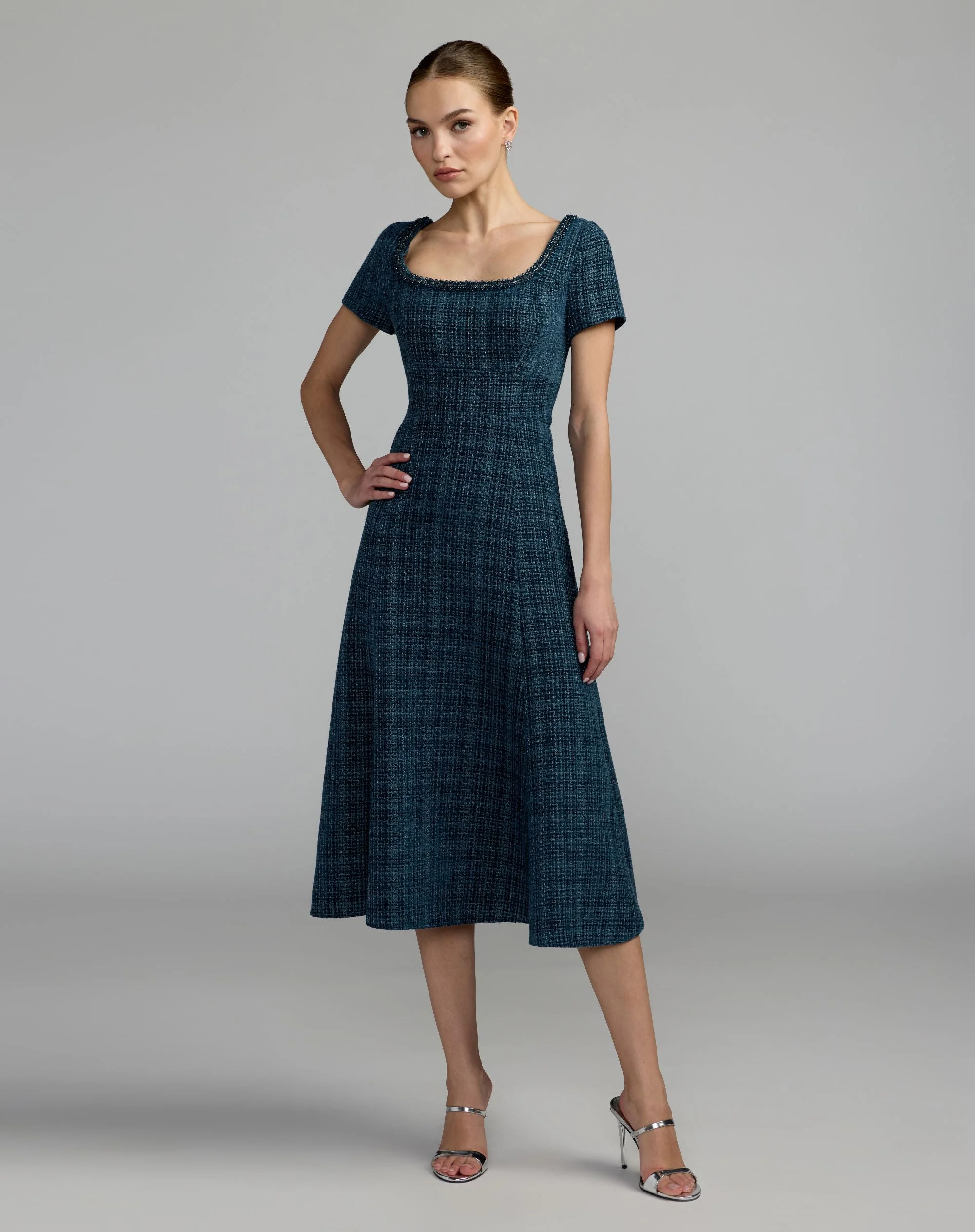 Teal Short Sleeve Embellished Boucle Midi Dress - 1