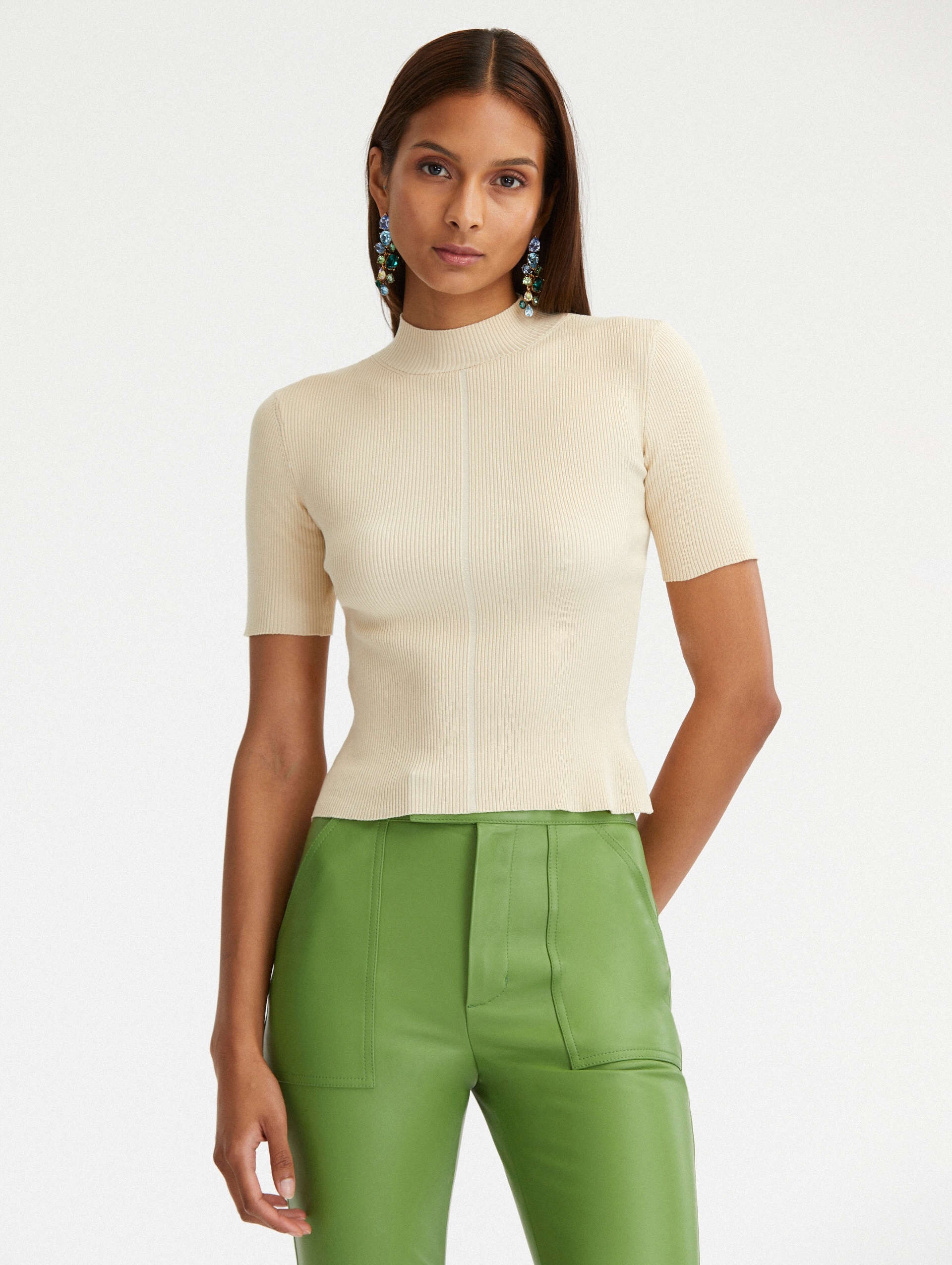 SHORT SLEEVE MOCK NECK RIBBED PULLOVER - 2