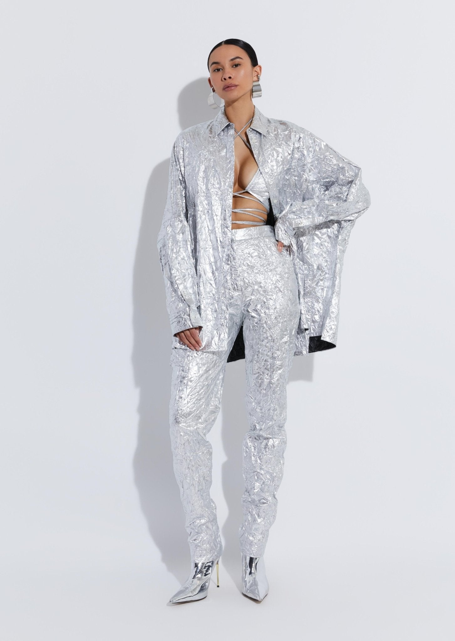 Crinkle Metallic Oversized Shirt - 2
