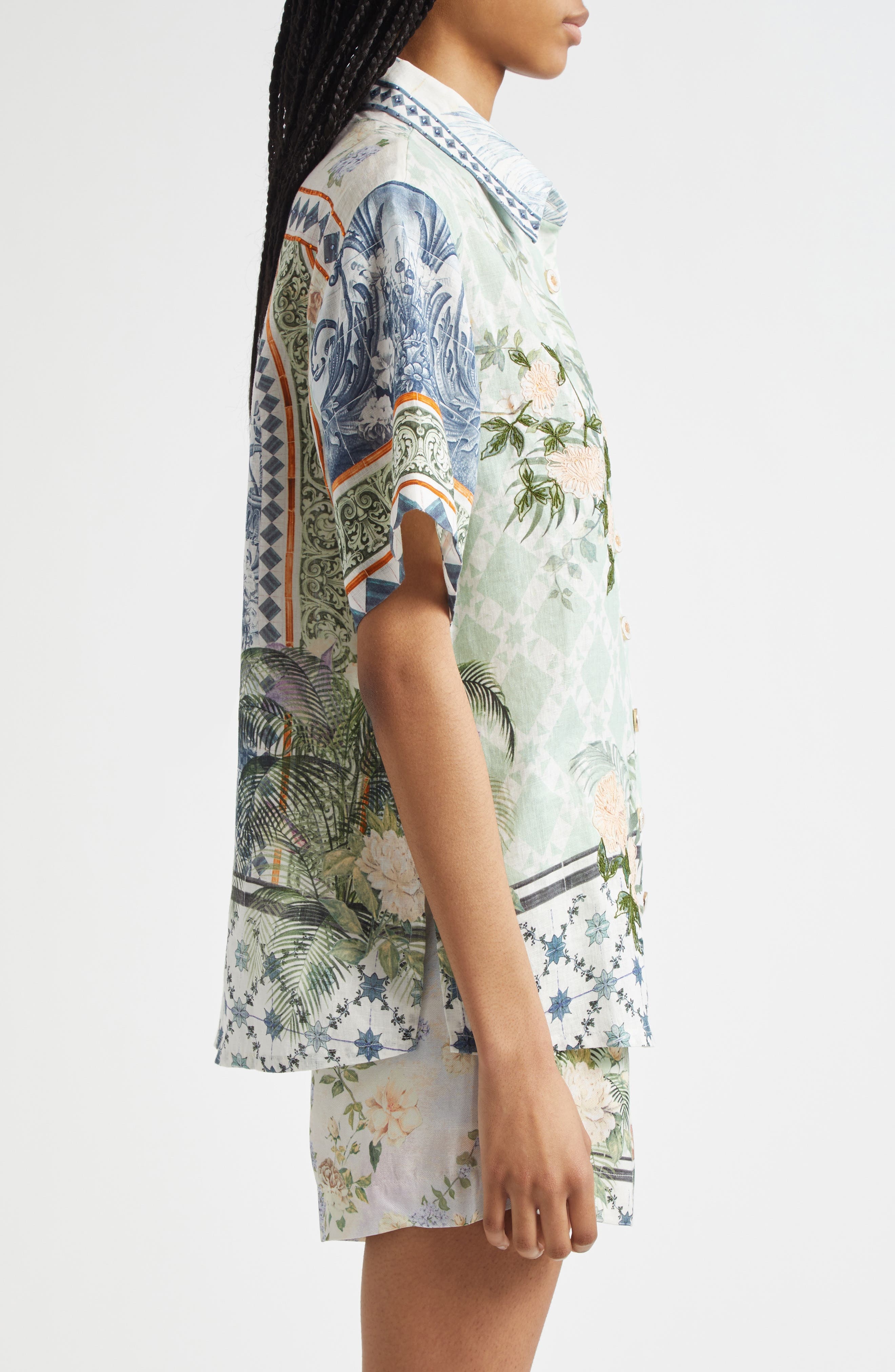 Camilla Classic Linen Button-Up Shirt in Jardim Party at Nordstrom - 3