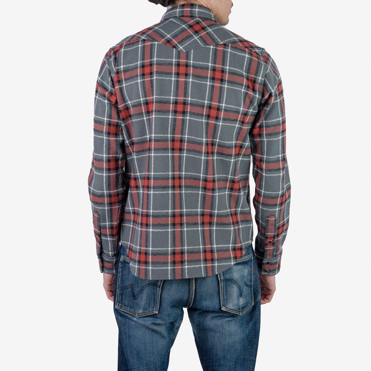 IHSH-369-GRY 12oz Slubby Heavy Flannel Herringbone Check Western Shirt - Grey - 4