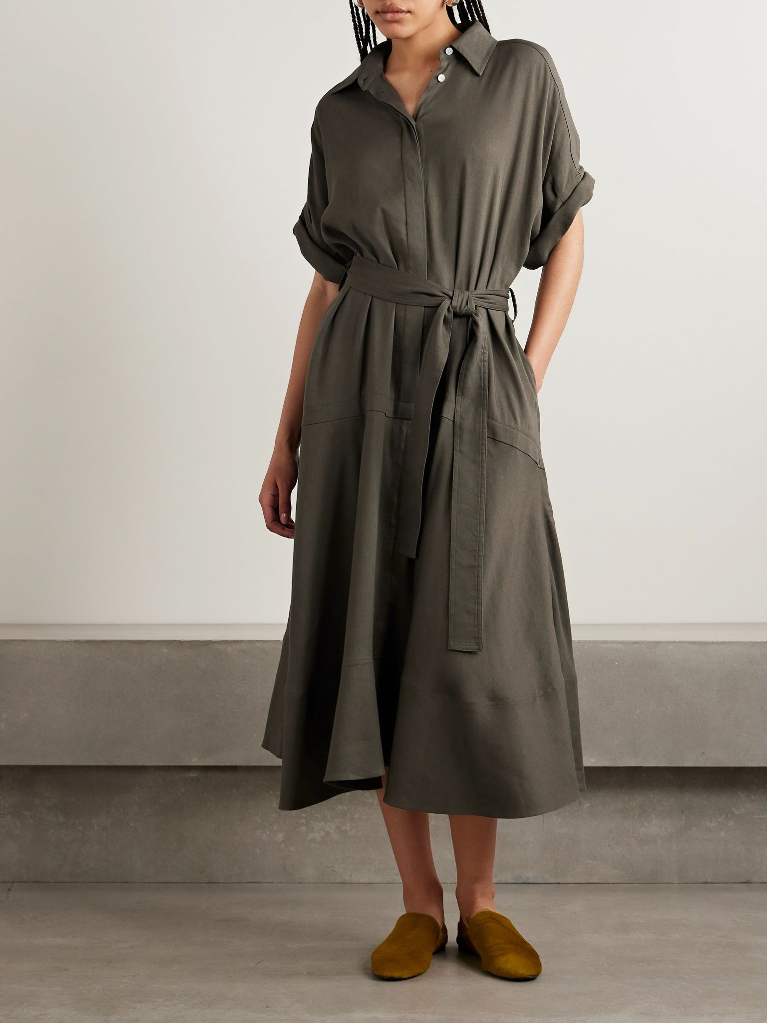 Scottie belted organic linen-blend midi dress Green - 3