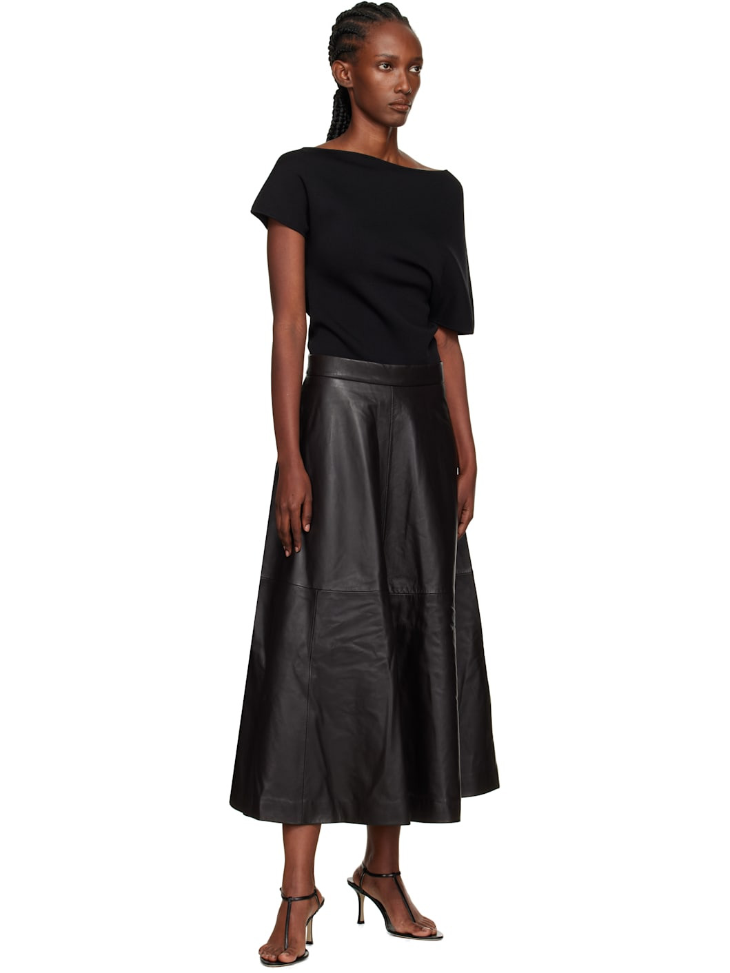 Brown A-Line Leather Midi Skirt - 4