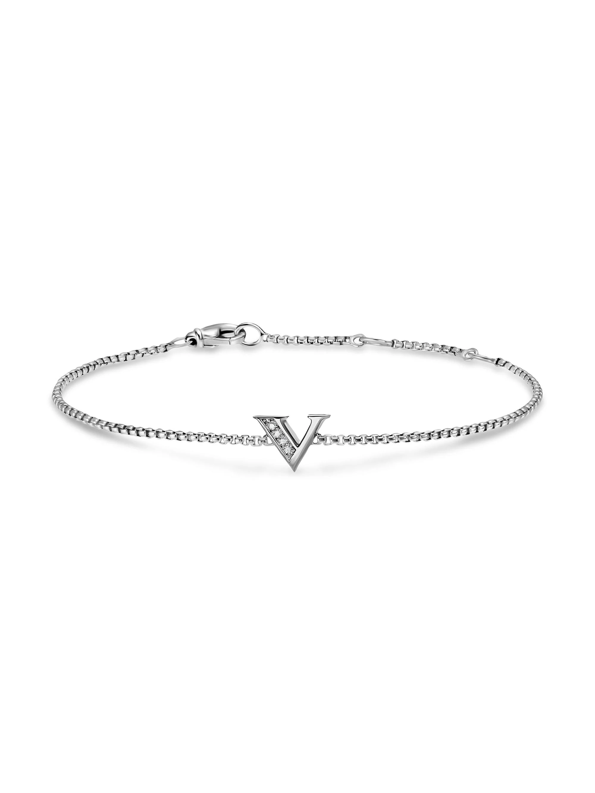 Women's Petite Initial Chain Bracelet in Sterling Silver - Diamond V - 1