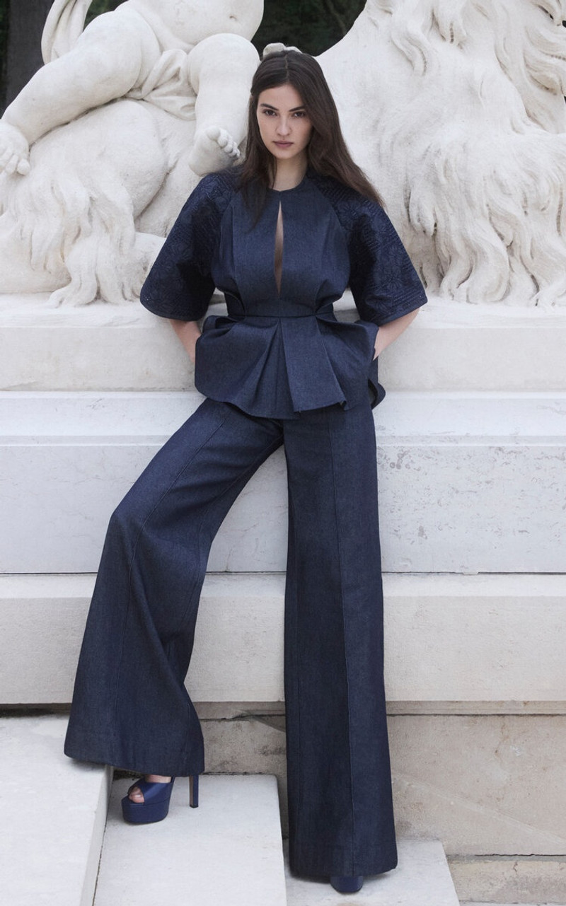 ELIE SAAB Embroidered Denim Peplum Top blue outlook