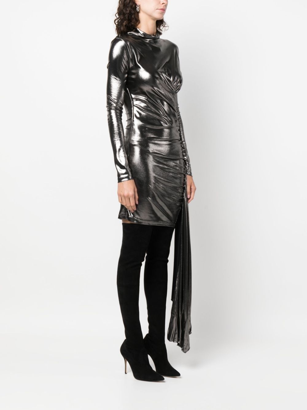 draped metallic long-sleeve dress - 3