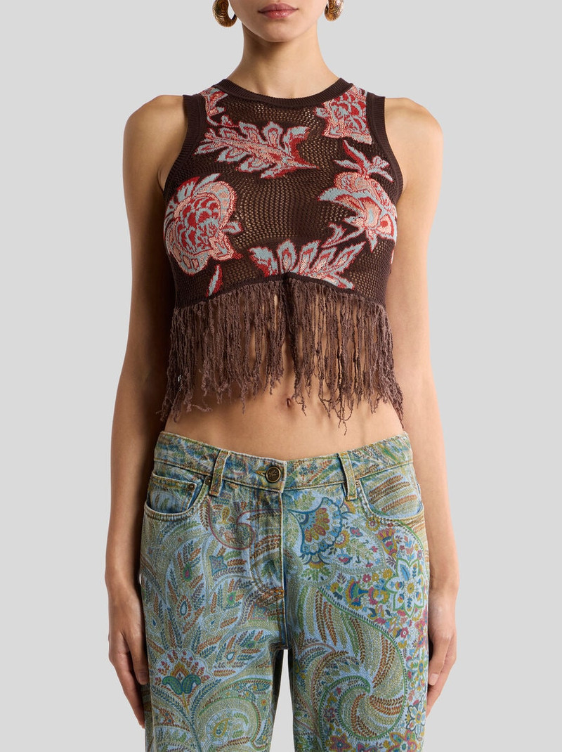 CROP TOP IN COTTON-BLEND JACQUARD WITH FRINGING AND FLORAL MOTIF 2