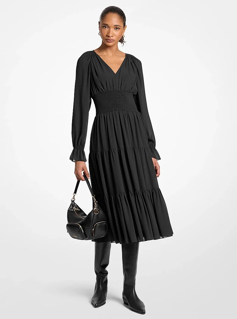 Smocked Georgette Midi Dress - 1