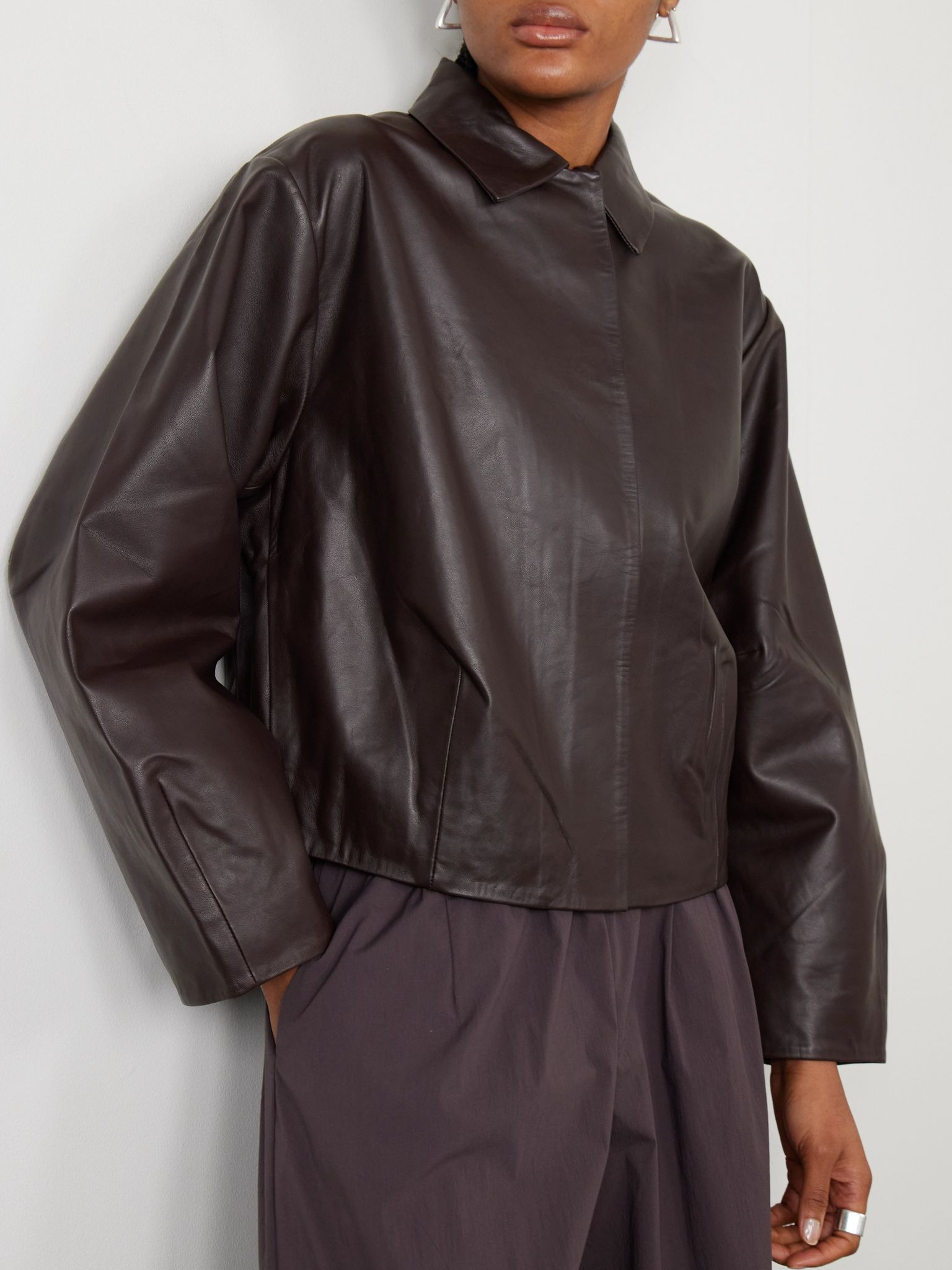 Cocoon paneled leather jacket Chocolate - 3