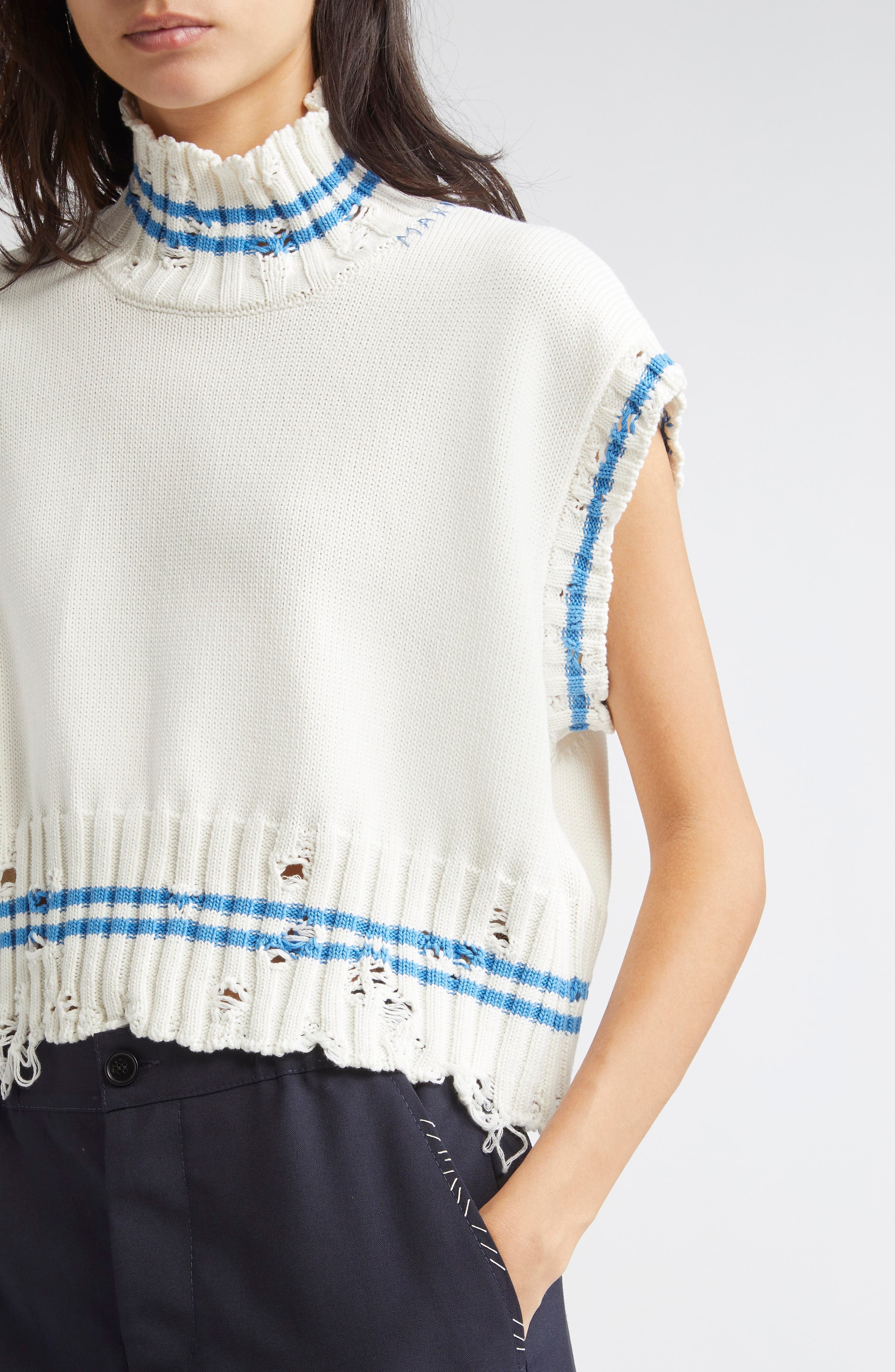 Marni Mending Logo Distressed Boxy Cotton Turtleneck Sweater in V2W01 Lily White at Nordstrom - 5