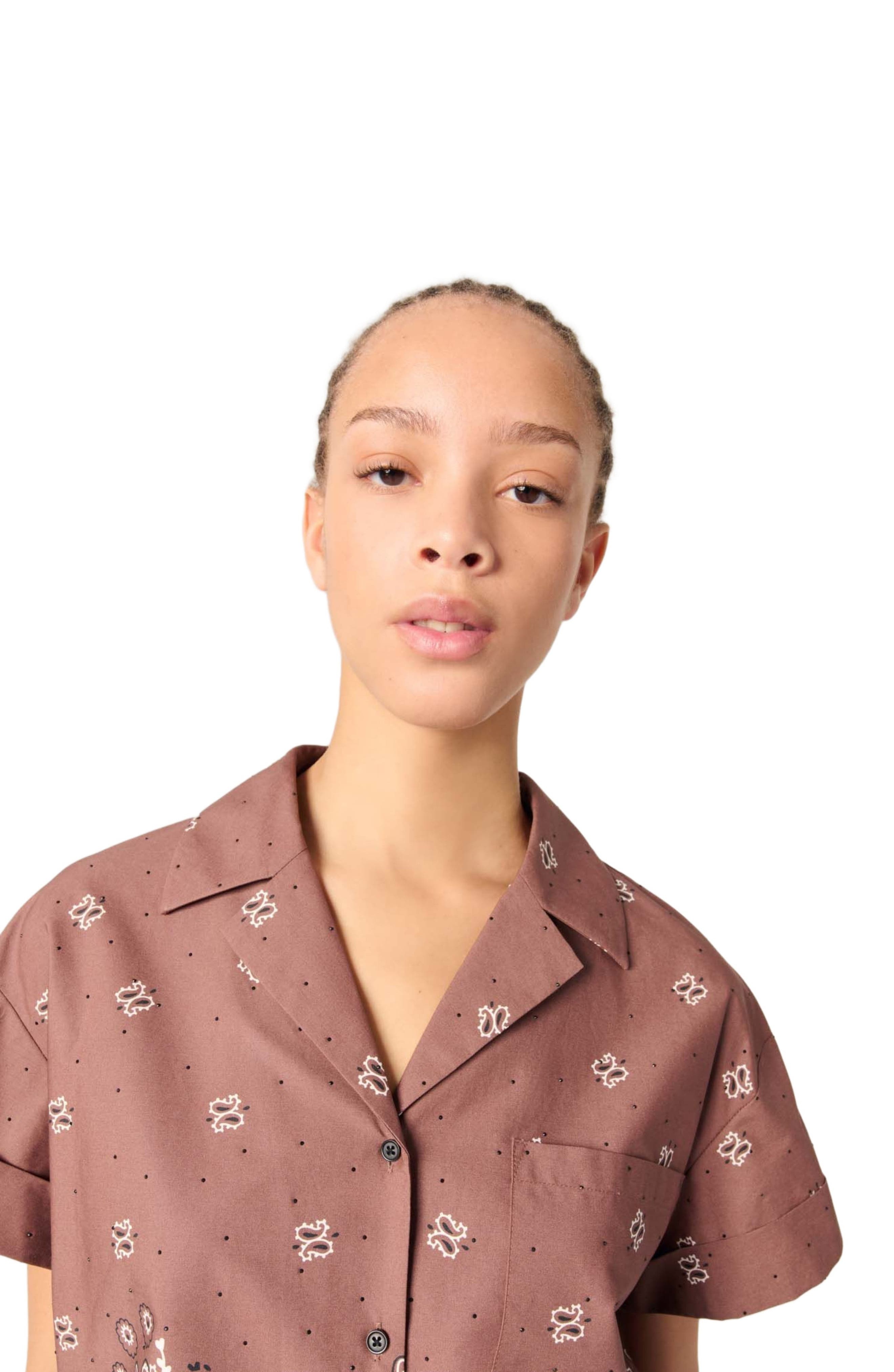 maje Patterned rhinestone cropped shirt in Brown Bandana Print at Nordstrom - 6