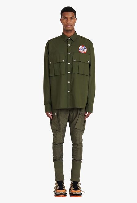 Dark khaki cotton shirt with Balmain badge - 4