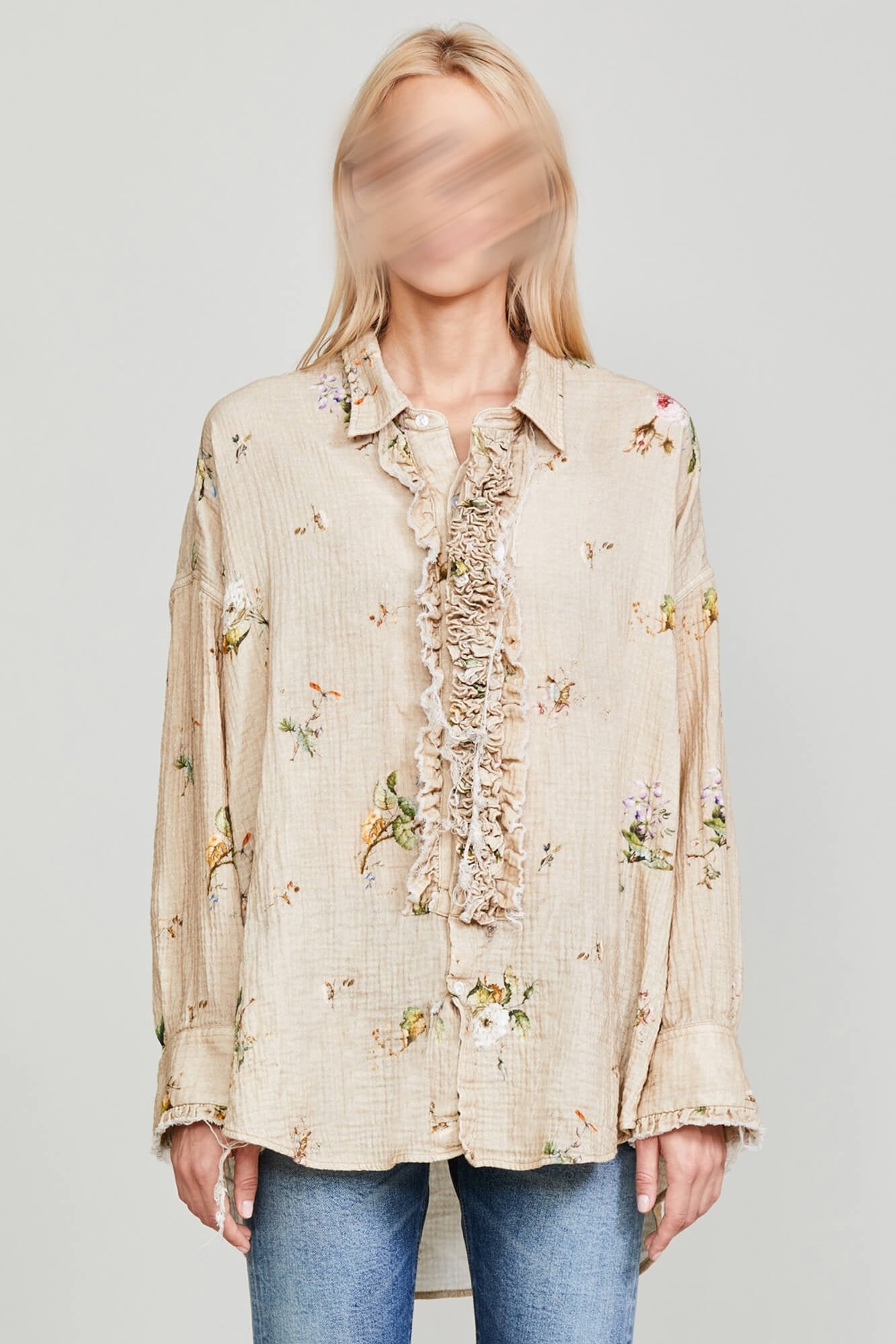 DROP NECK TUXEDO SHIRT - FLORAL ON KHAKI - 1
