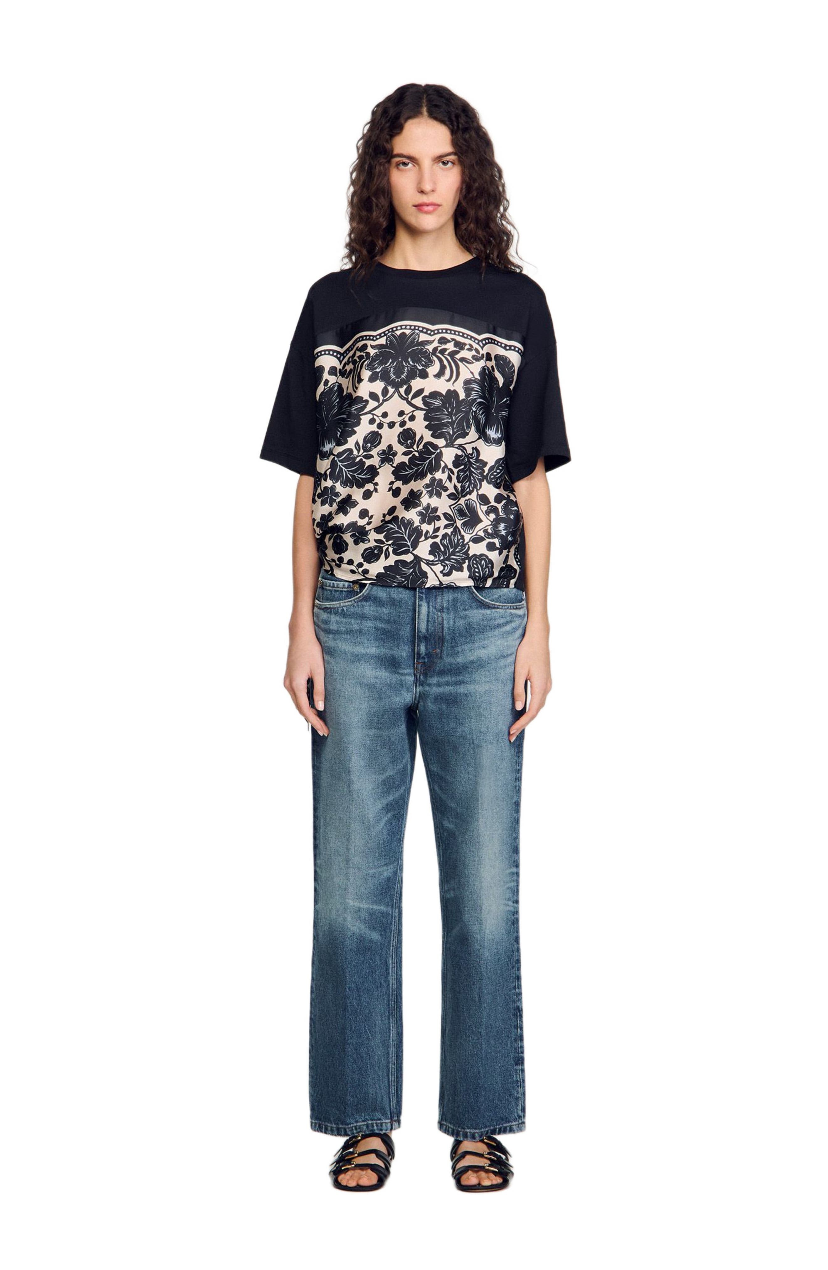 SANDRO Floral motif T-shirt in Ecru /Black at Nordstrom - 3