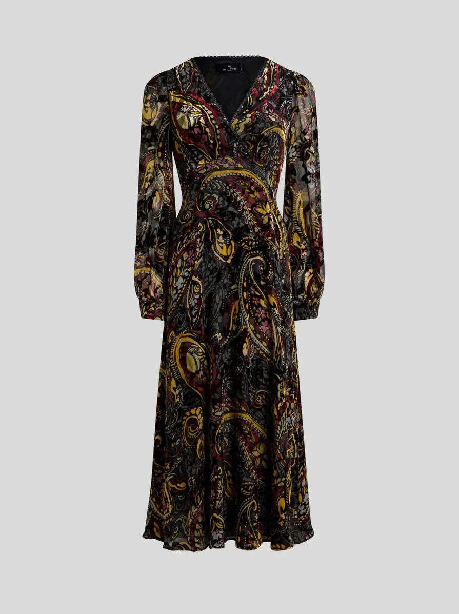 MIDI WRAP DRESS IN BURNOUT VELVET WITH FLORAL PAISLEY MOTIF - 1