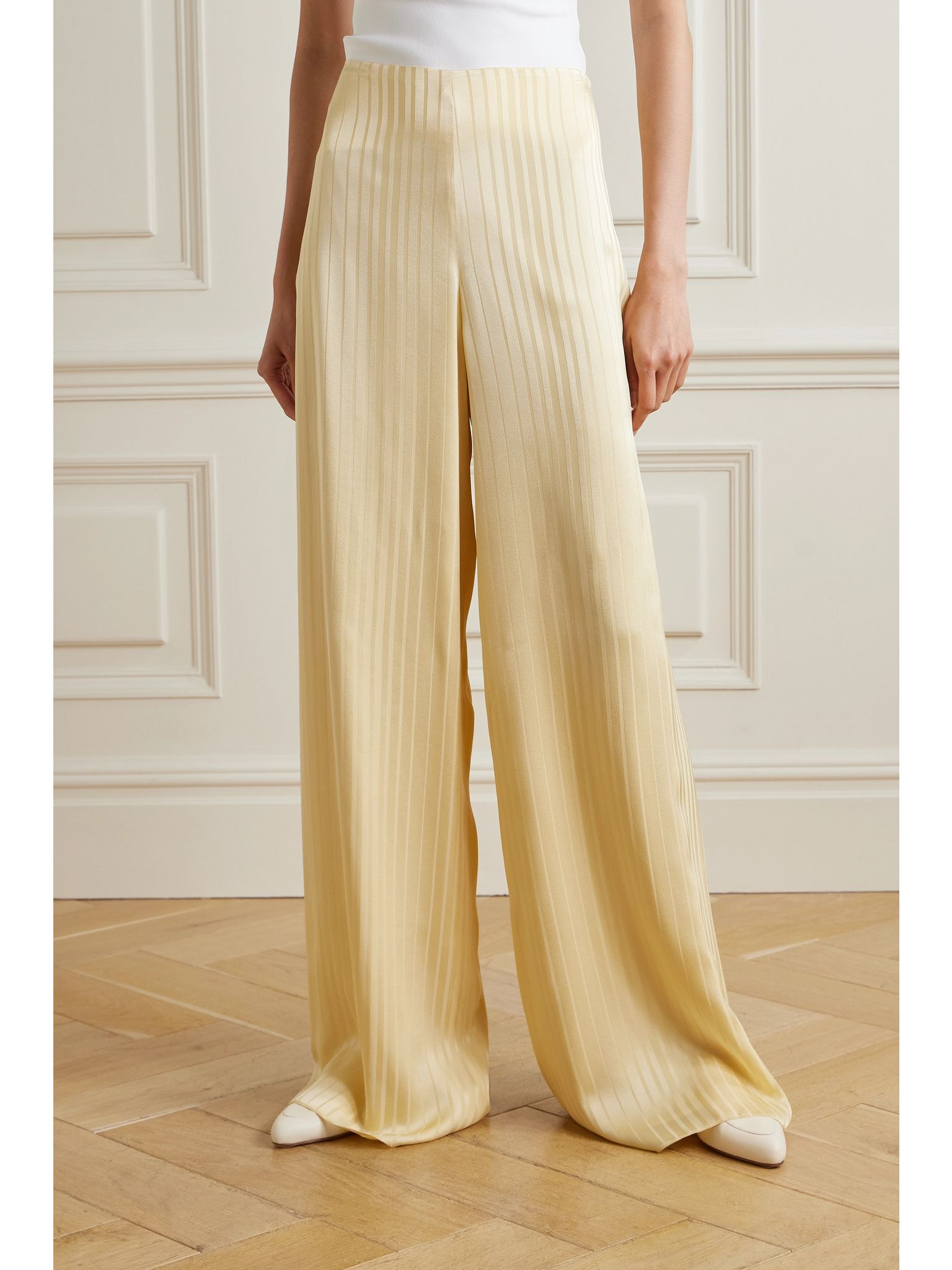 Dresden silk-satin jacquard wide-leg pants Yellow - 3
