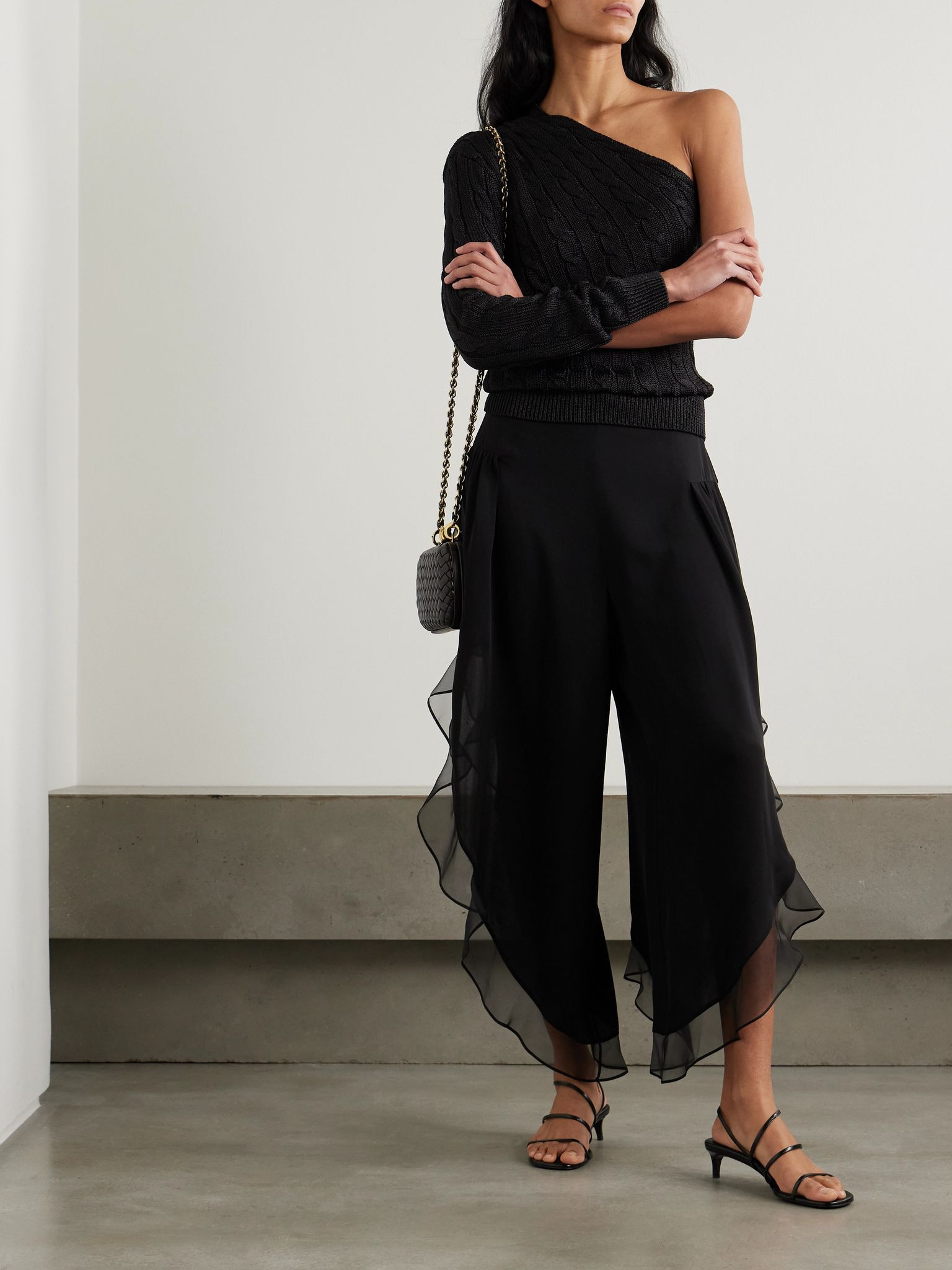 Asymmetric ruffled silk-chiffon wide-leg pants Black - 5