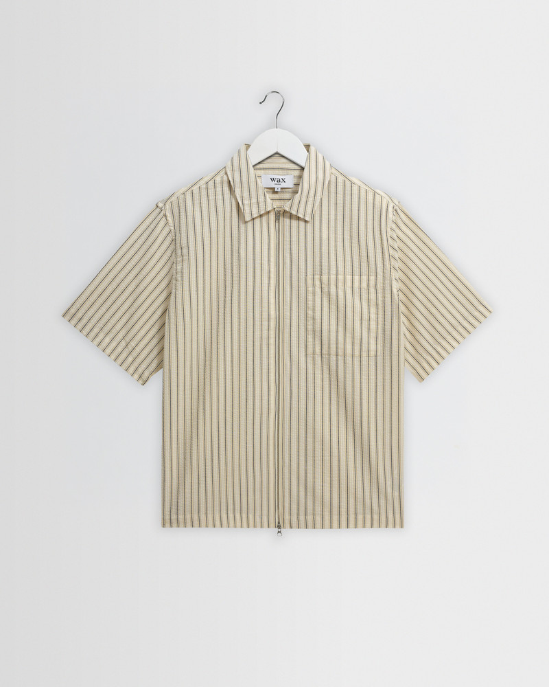 Sears - Natural And Navy Stripe Seersucker Zip Short-Sleeve Shirt 1