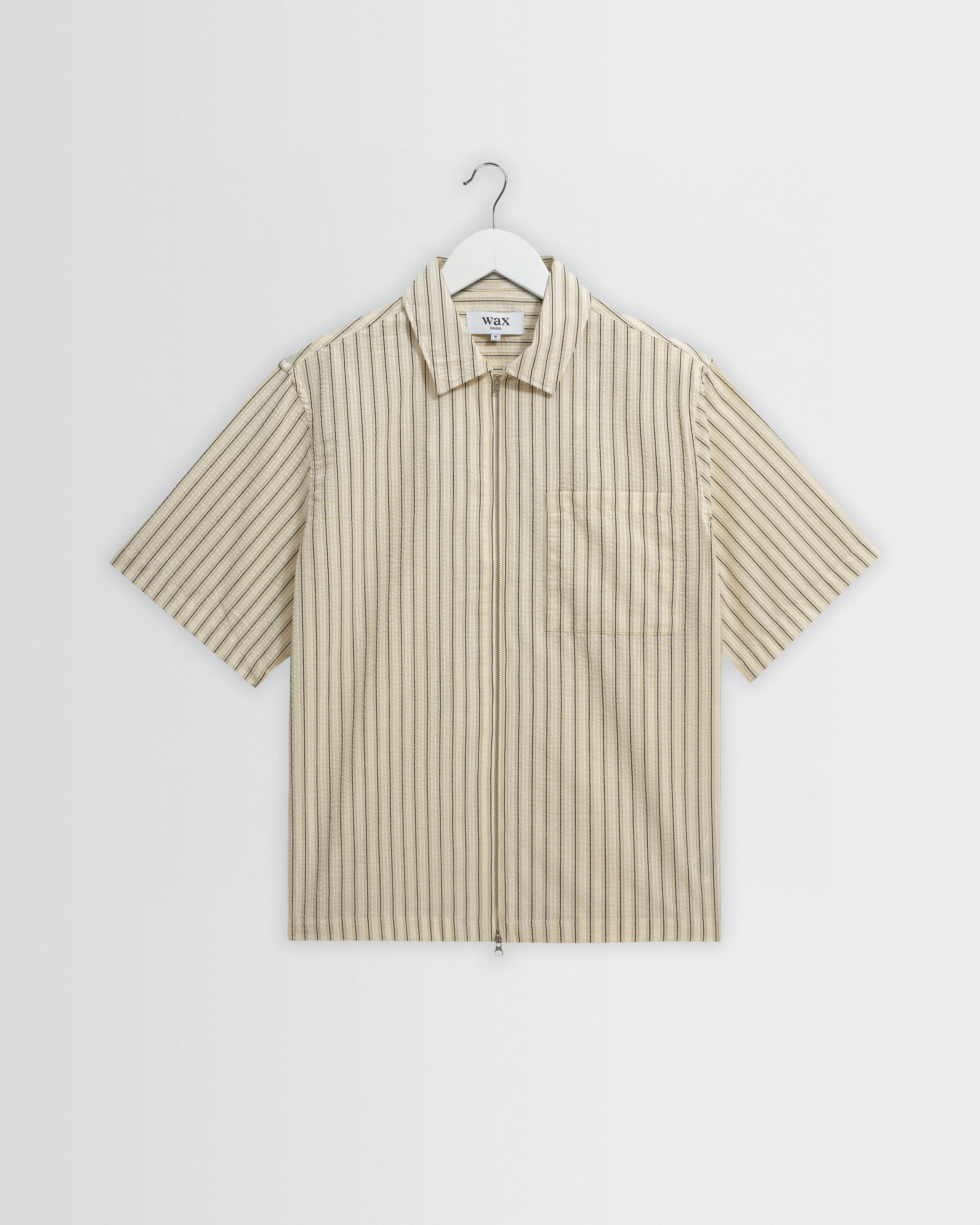 Sears - Natural And Navy Stripe Seersucker Zip Short-Sleeve Shirt - 1